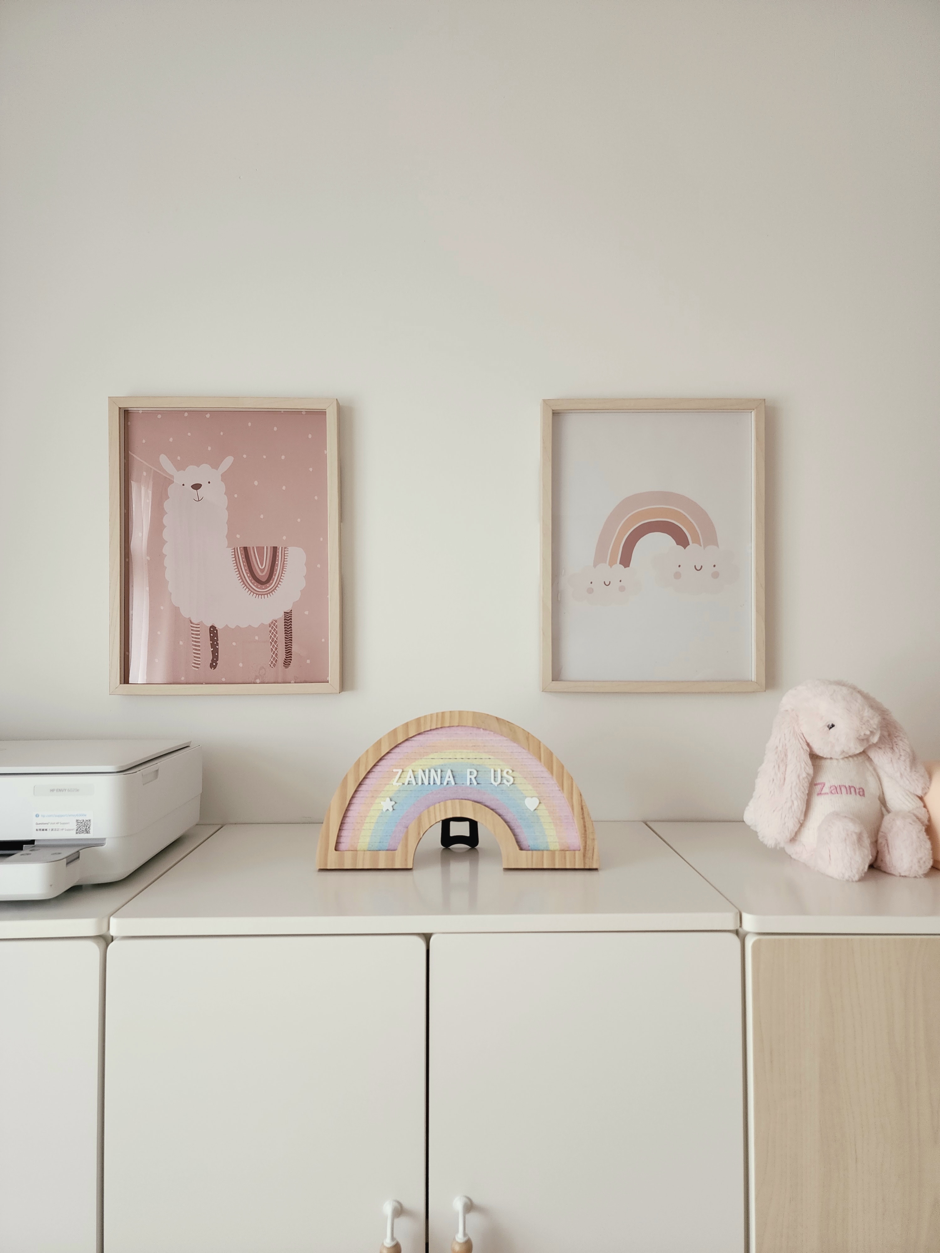 Our Kids Playroom: Where Fun Never Ends - Wall art, framed pictures, pink background, whimsical design, bunny plush, "Zanna R