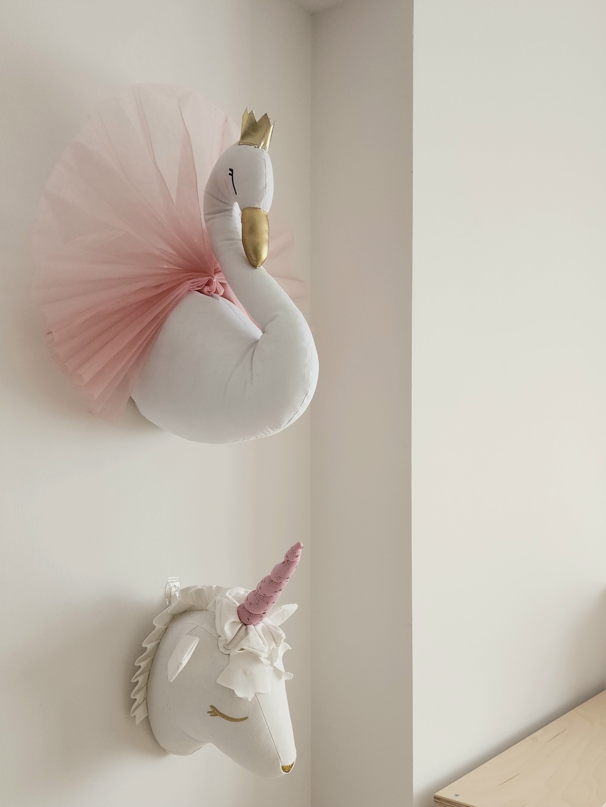 Our Kids Playroom: Where Fun Never Ends - Floating plush unicorn and swan decorations, white and pink, soft and elegant