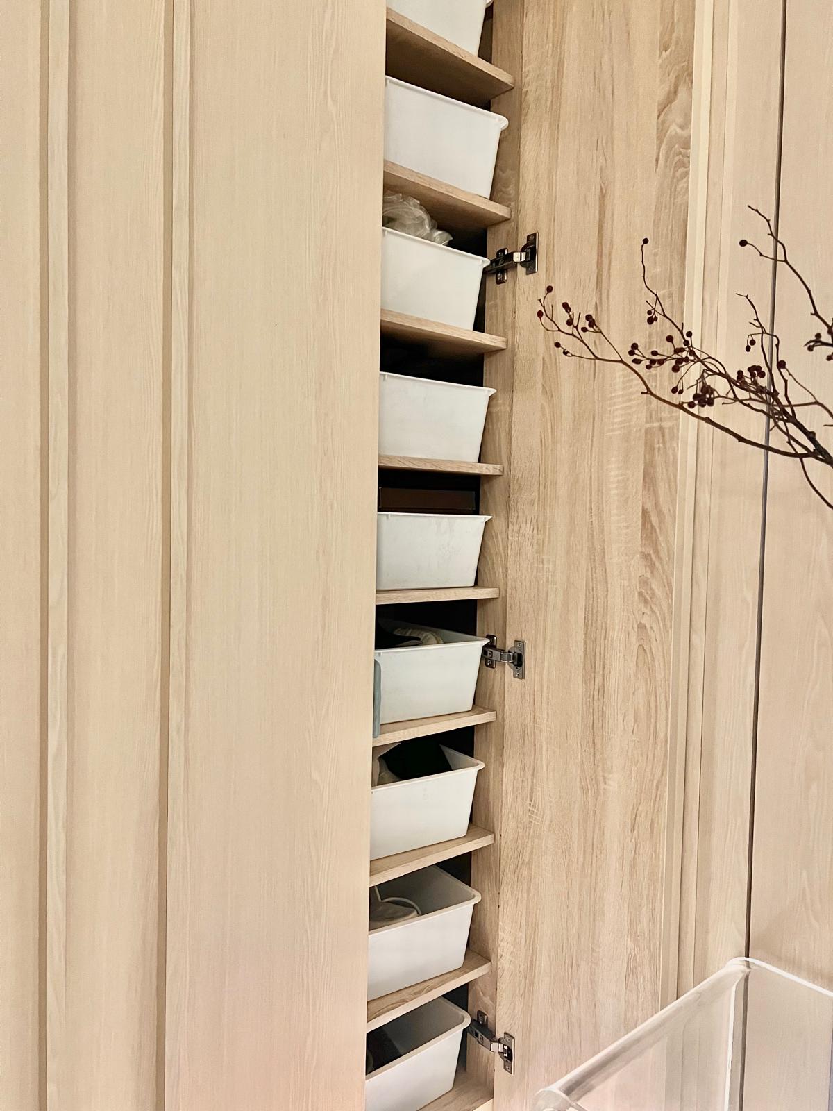 Transform Your Entryway: Stylish Shoe Storage & Smart Organization Tip - Wooden wardrobe with open shelves, white storage