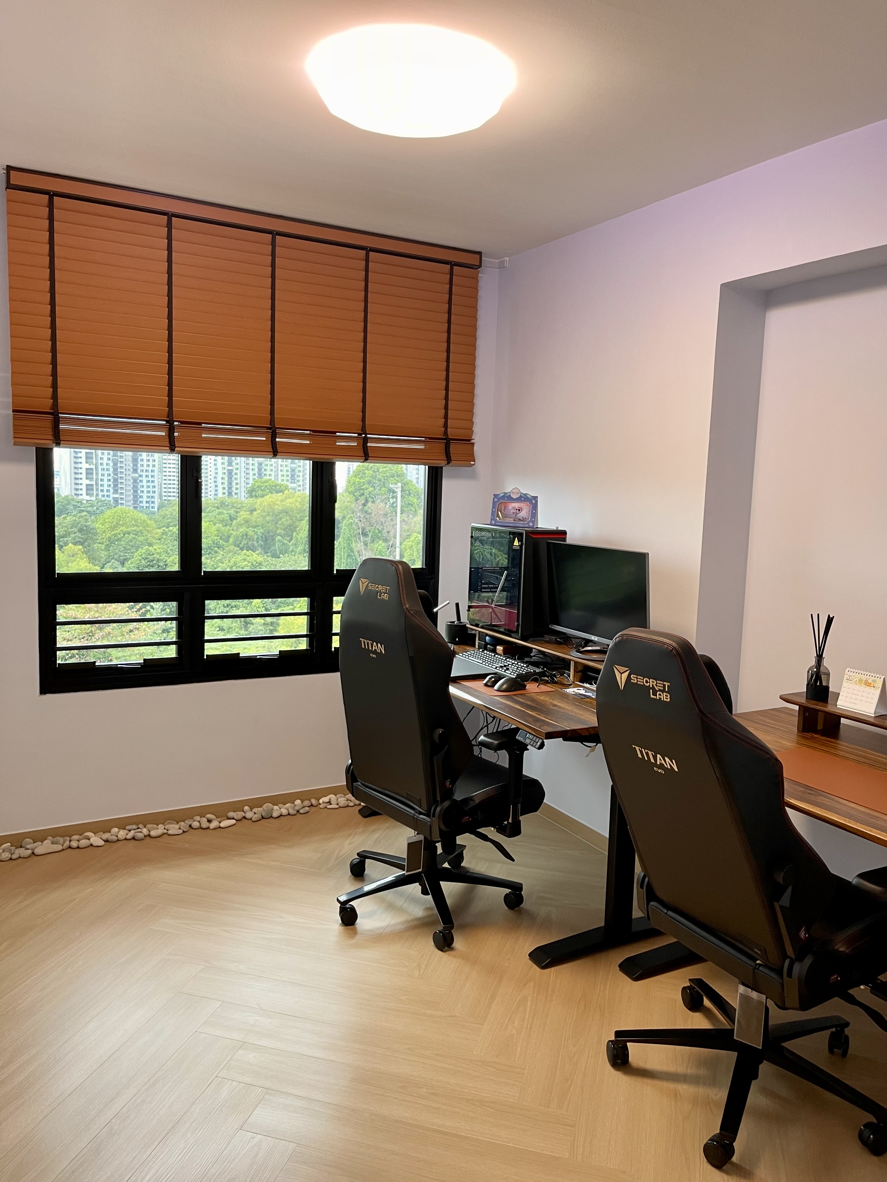 Our-Minimalist-Sunlit-Workspace:-Motorized-Venetian-Blinds-&-Greenery
