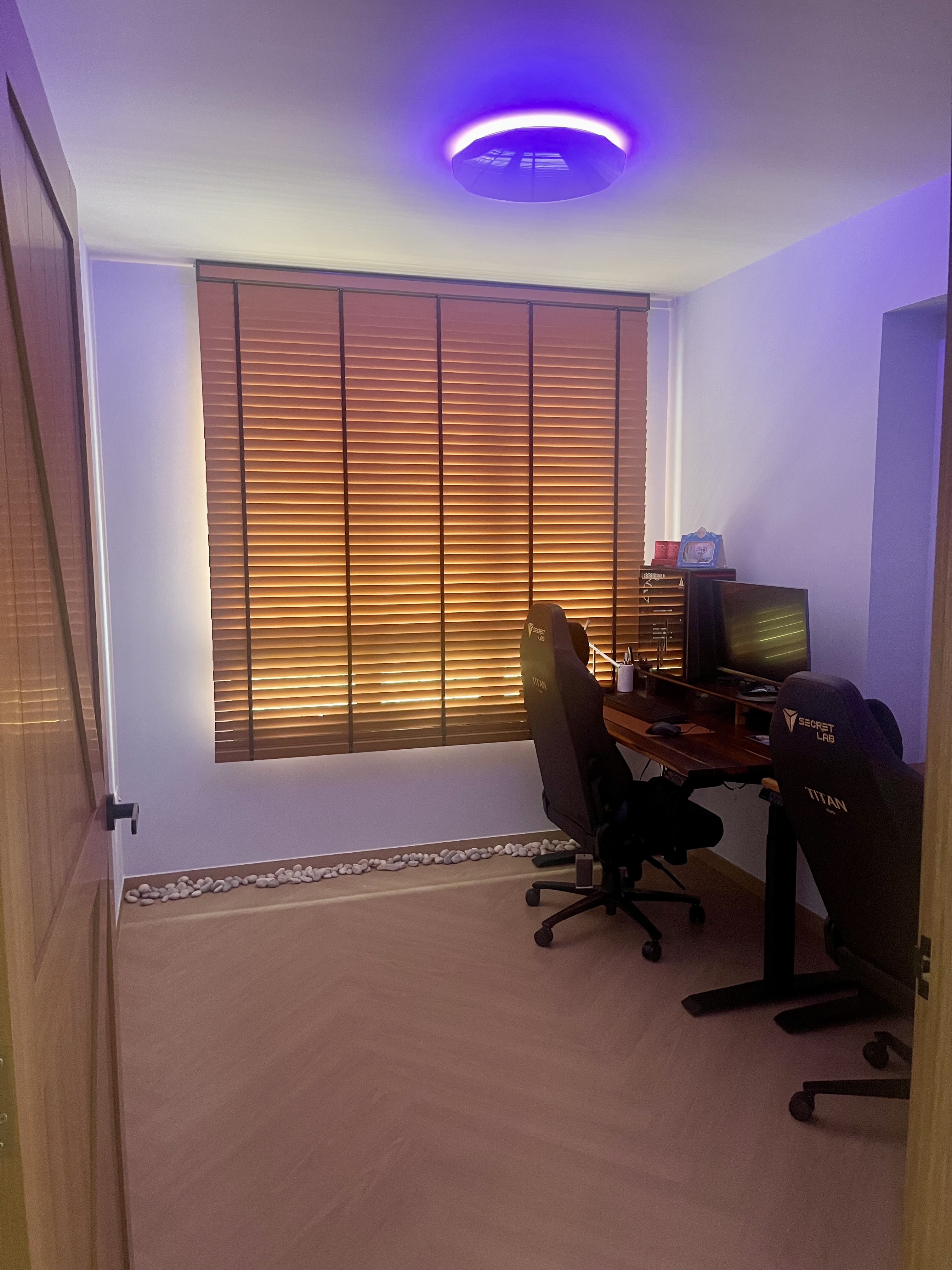 Our Minimalist Sunlit Workspace: Motorized Venetian Blinds & Greenery - Wooden blinds, modern desk, gaming chair, computer