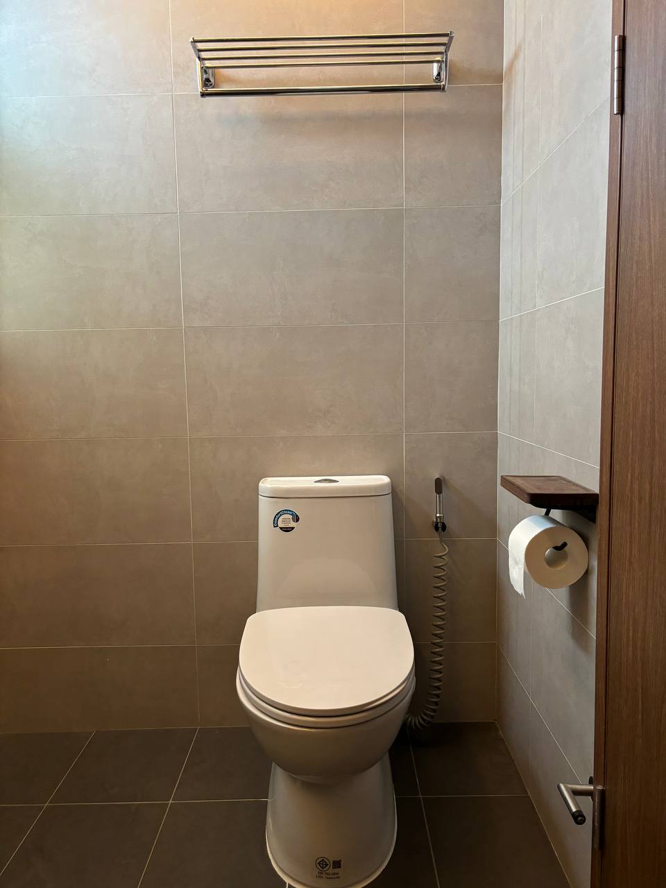 Resort style Bathrooms with HDB fittings under $2.8k - Modern bathroom, tiled floor, white toilet, wall-mounted showerhead