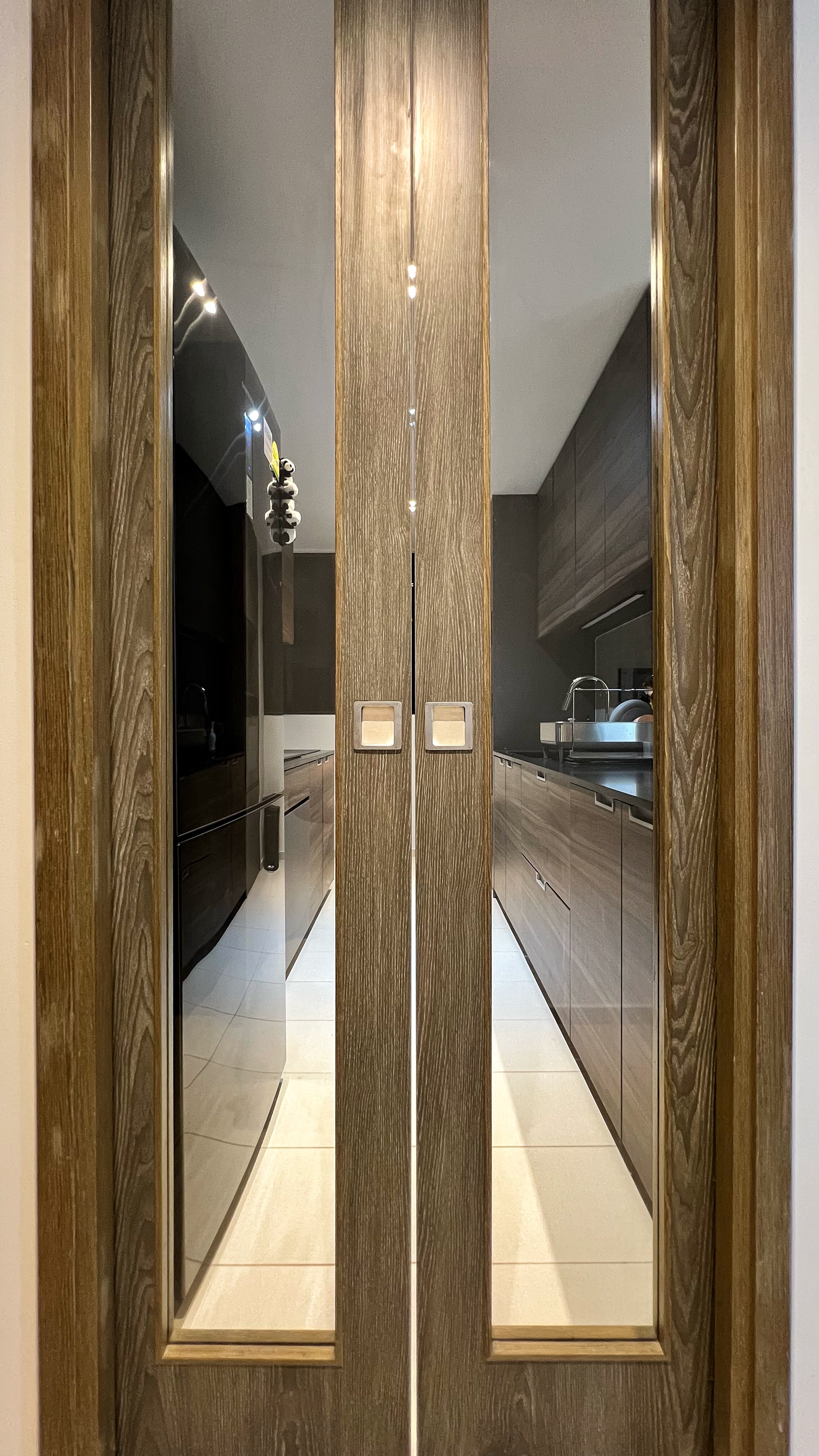 Cooking is an Adventure and This is My Launchpad! - Wooden frame, mirrored doors, modern kitchen, sleek cabinetry, reflective