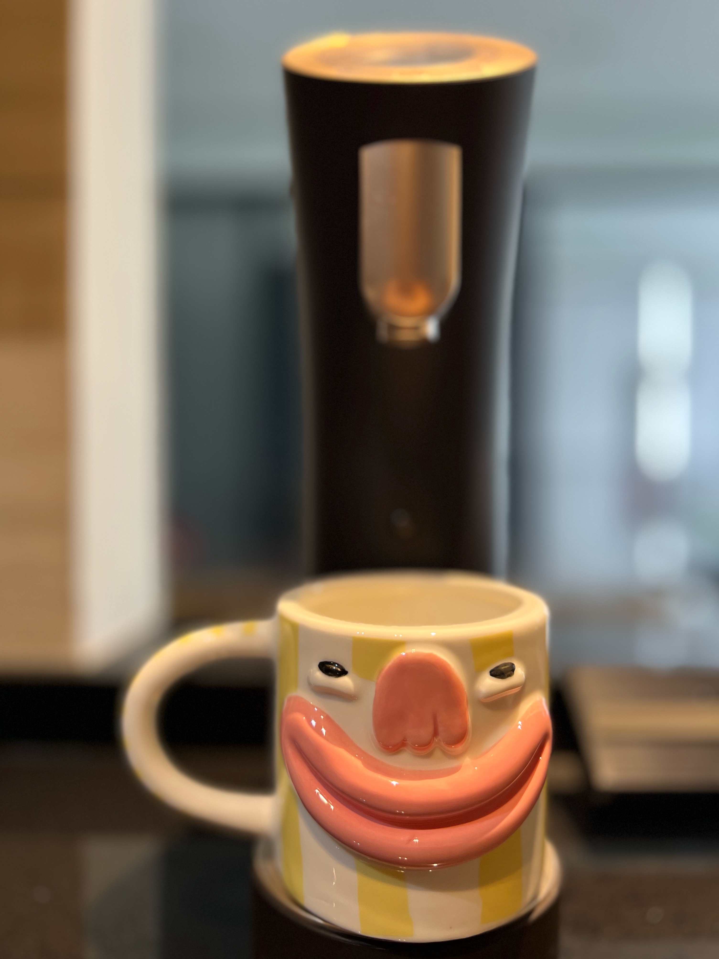 Cooking is an Adventure and This is My Launchpad! - mug, ceramic mug, whimsical design, playful face, cartoonish nose, yellow
