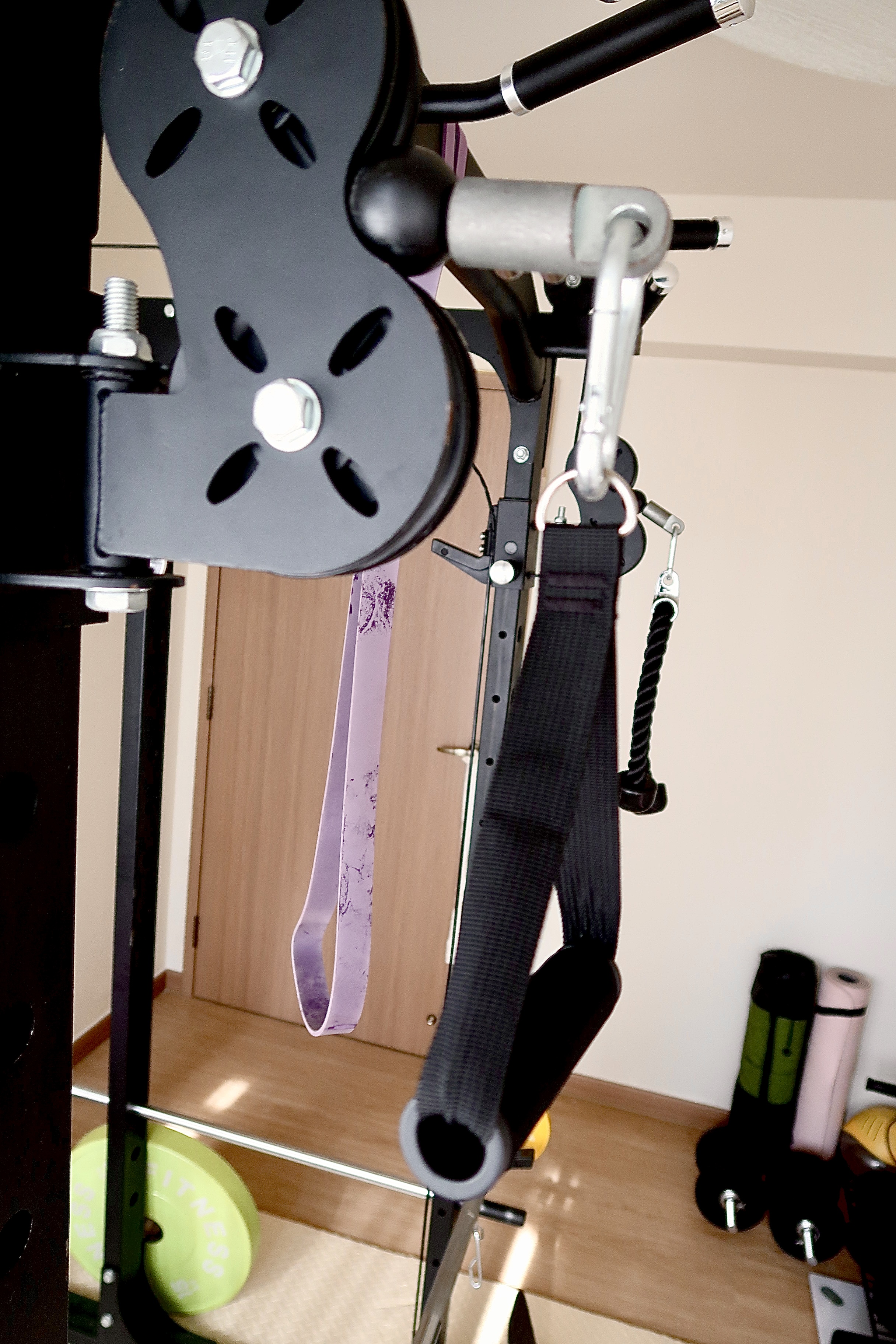 Under $1000 Home Gym: Versatile Gym Setup with Fun Colours! - Black weightlifting belt, black adjustable straps, purple