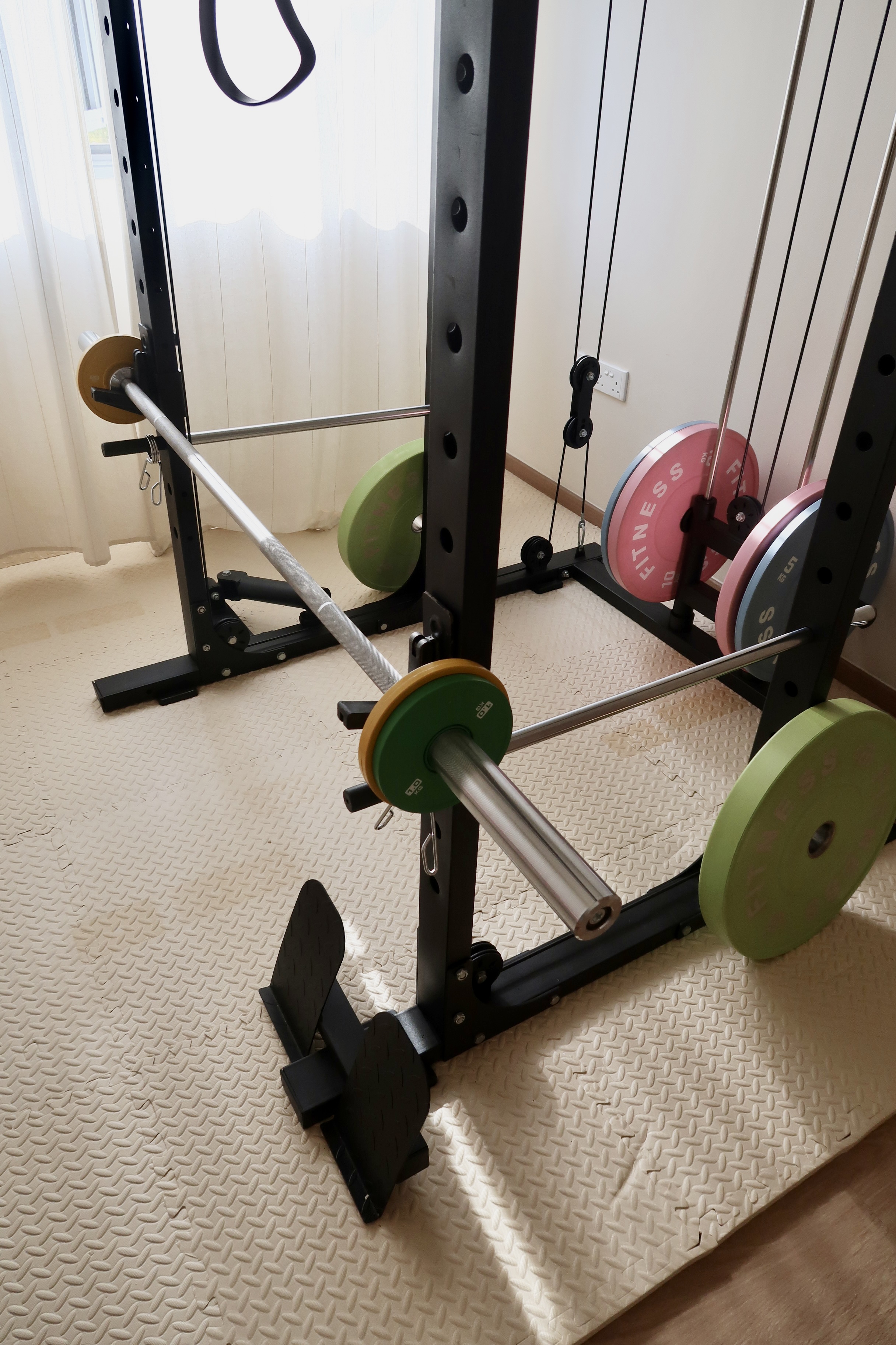 Under $1000 Home Gym: Versatile Gym Setup with Fun Colours! - Weightlifting station, barbell, weight plates, black metal