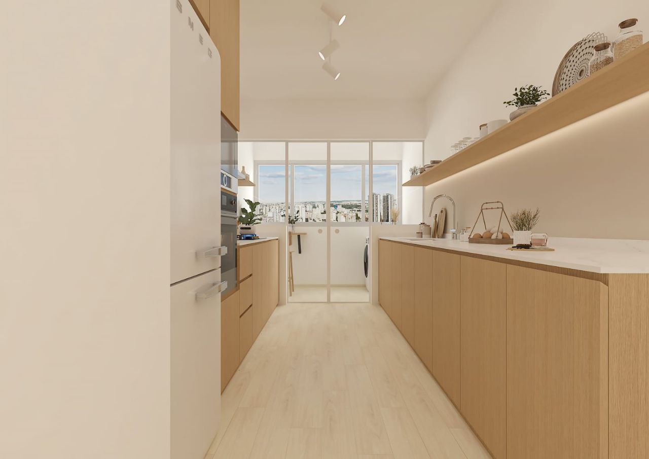 Kitchen - Reality vs 3D renderings - Modern kitchen with light wood cabinets, sleek white refrigerator, built-in oven