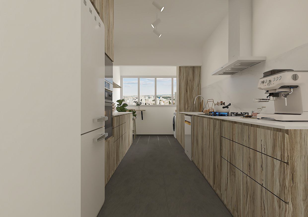 Kitchen - Reality vs 3D renderings - Modern kitchen with sleek design, white cabinetry and countertops, large window offering
