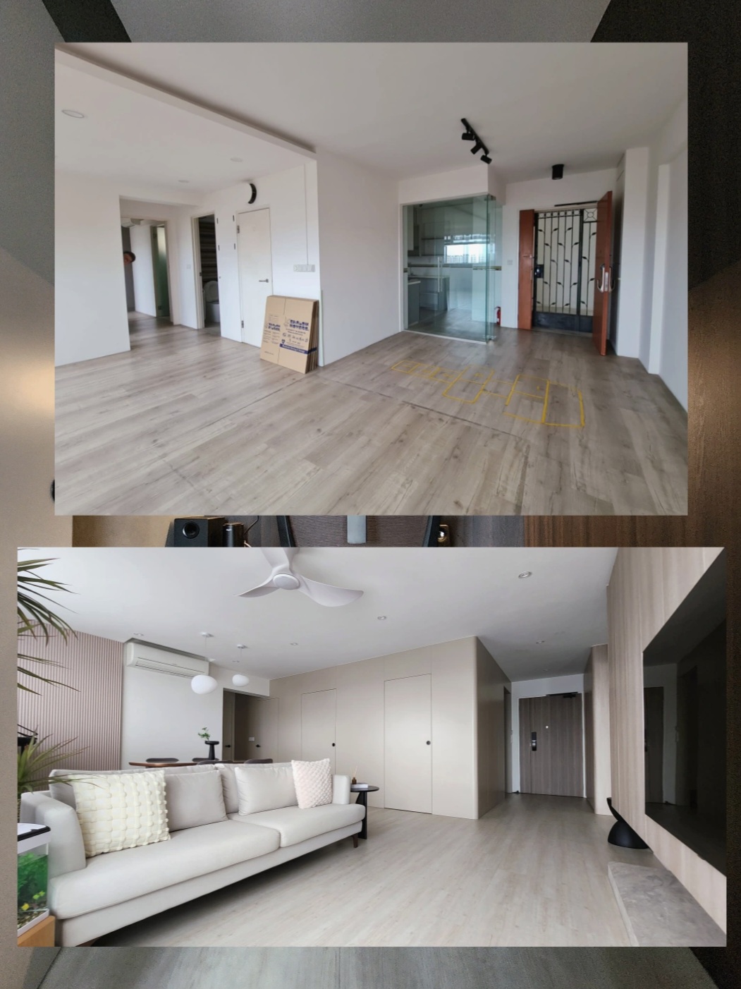 Our Closet Office: Small Space Big Impact - Modern minimalist living room, spacious interior, light wood flooring