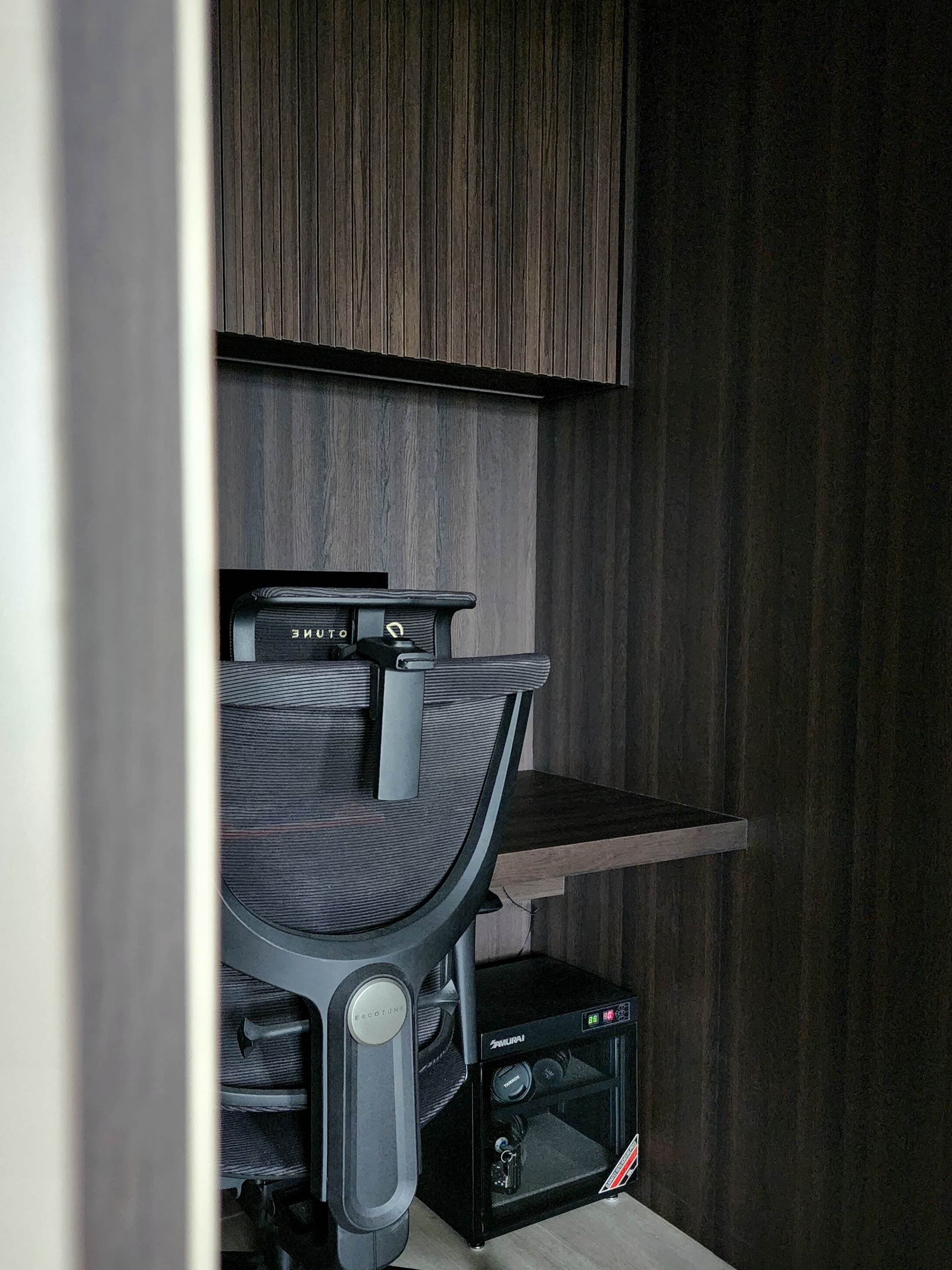 Our Closet Office: Small Space Big Impact - Wooden cabinet, ergonomic chair, ergonomic chair armrest, ergonomic chair seat