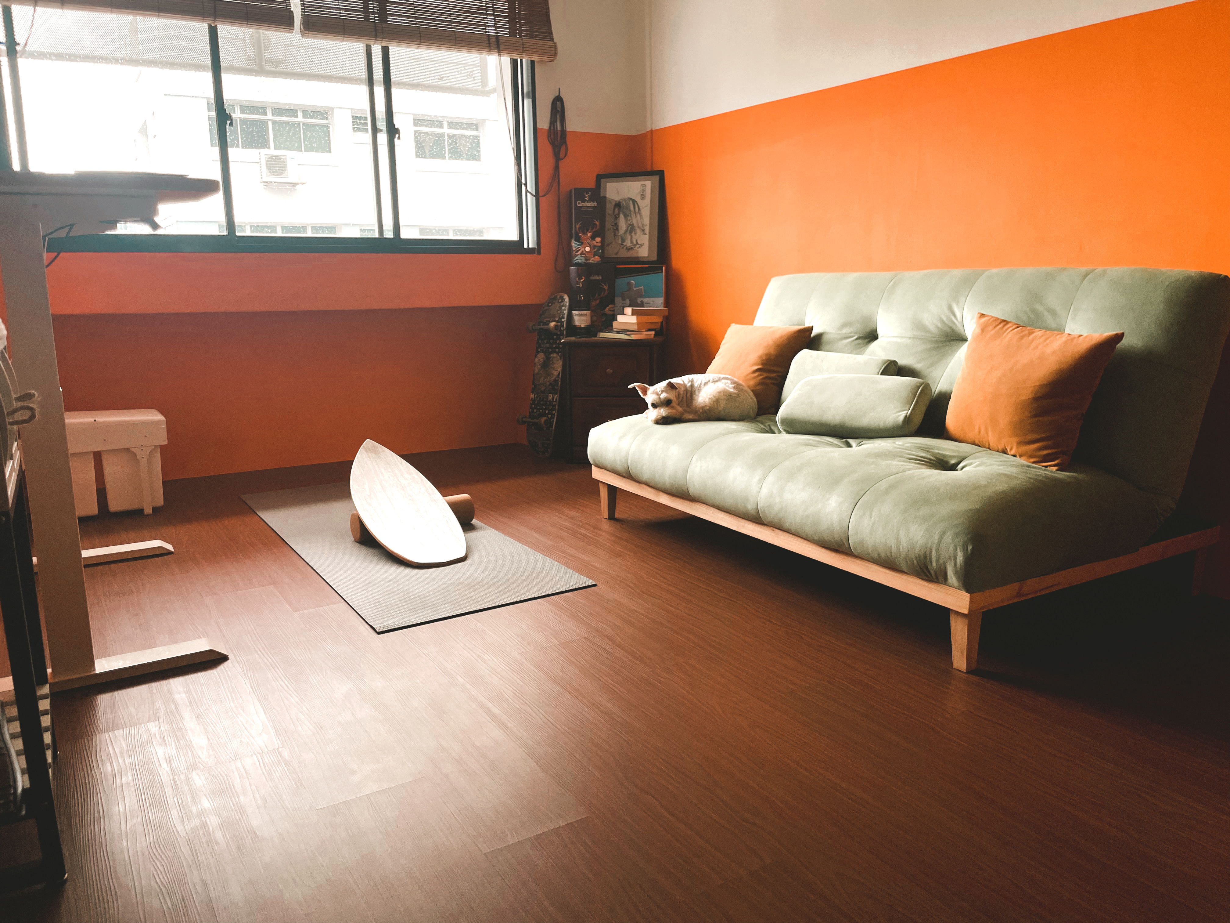 The Brightest Room in the House: A Space for Ultimate Productivity - Orange and green living room, wooden floor, modern