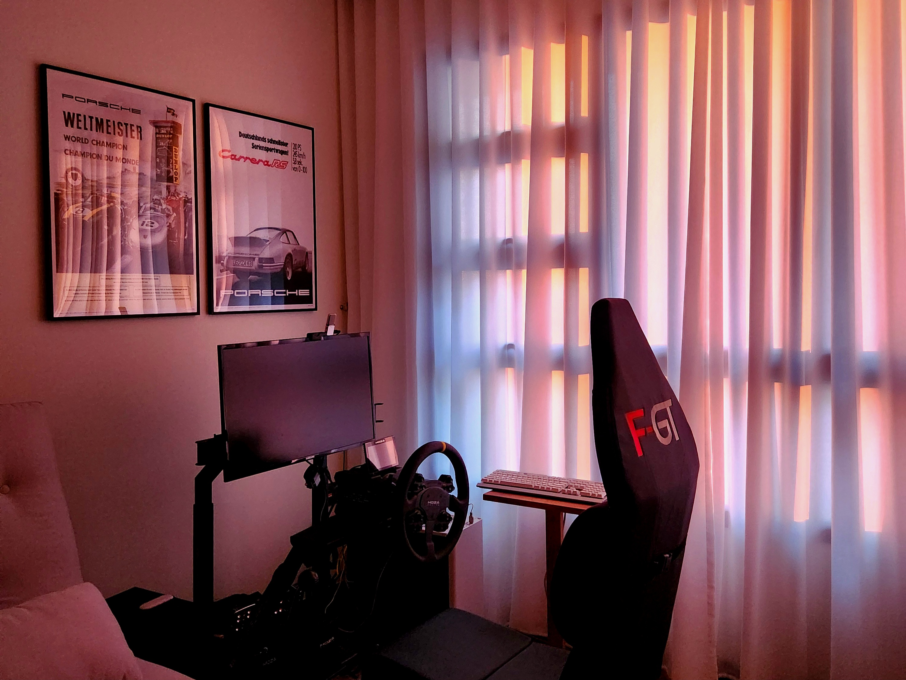 2-in-1: Our Recreational Guest Room - Interior space with racing-themed decor, Porsche racing simulator setup, Dual monitor