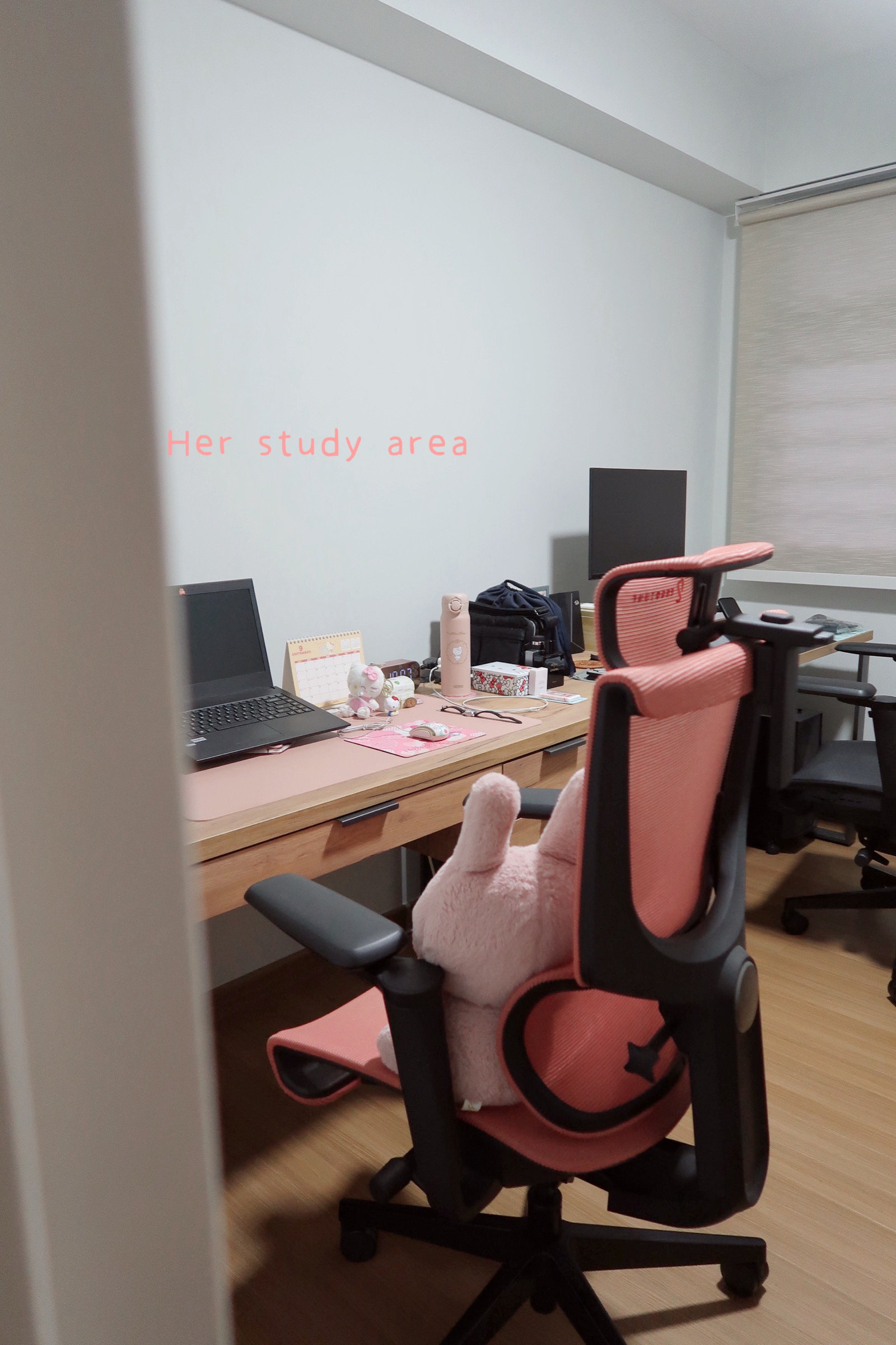 Our work space customised to our needs  - Pink study chair, desk with laptop, calendar, stuffed animal, office supplies