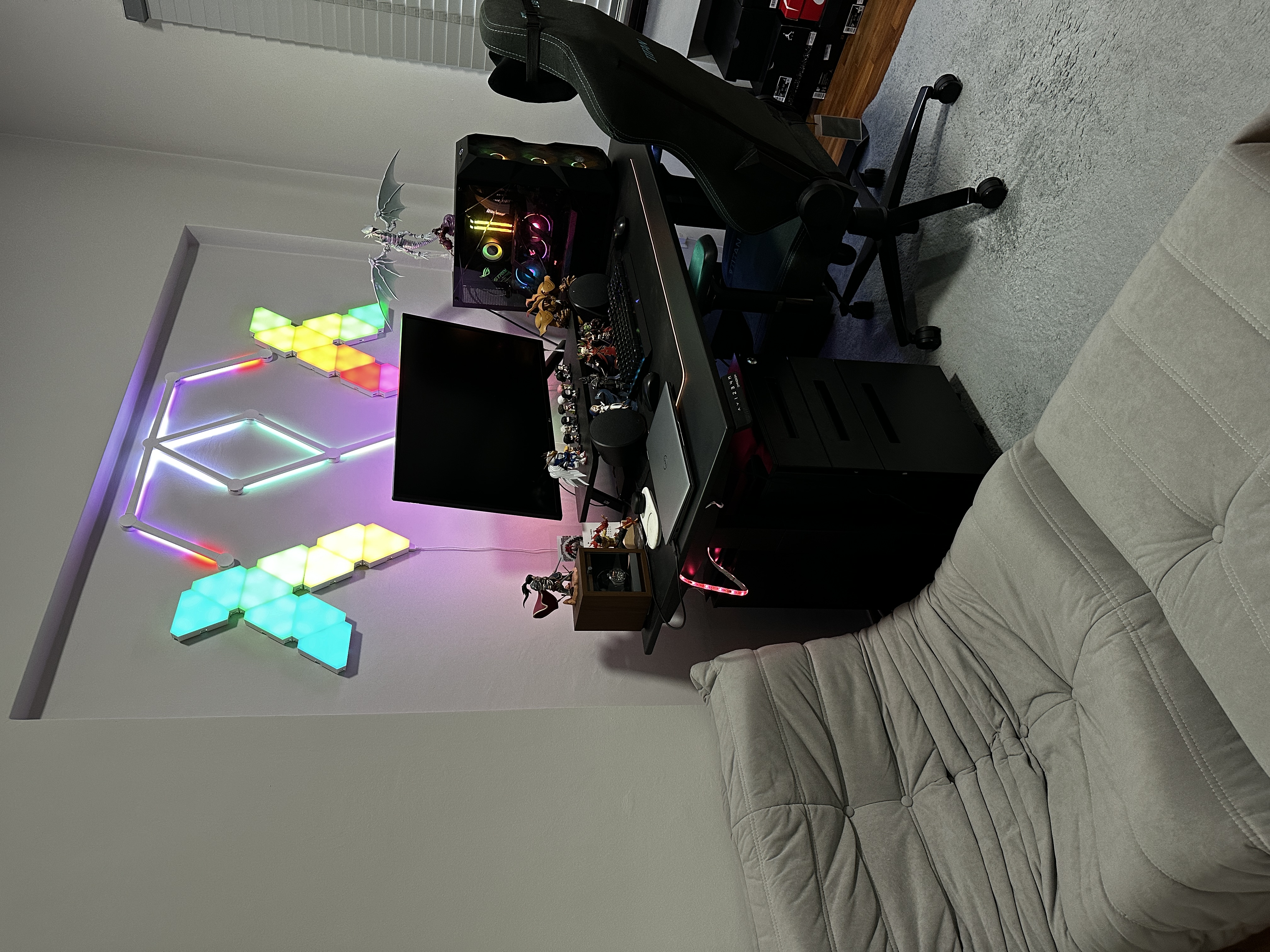 Our study room with a shoe collection and zero built-ins!  - Colorful LED lights, gaming setup, black gaming chair, gaming
