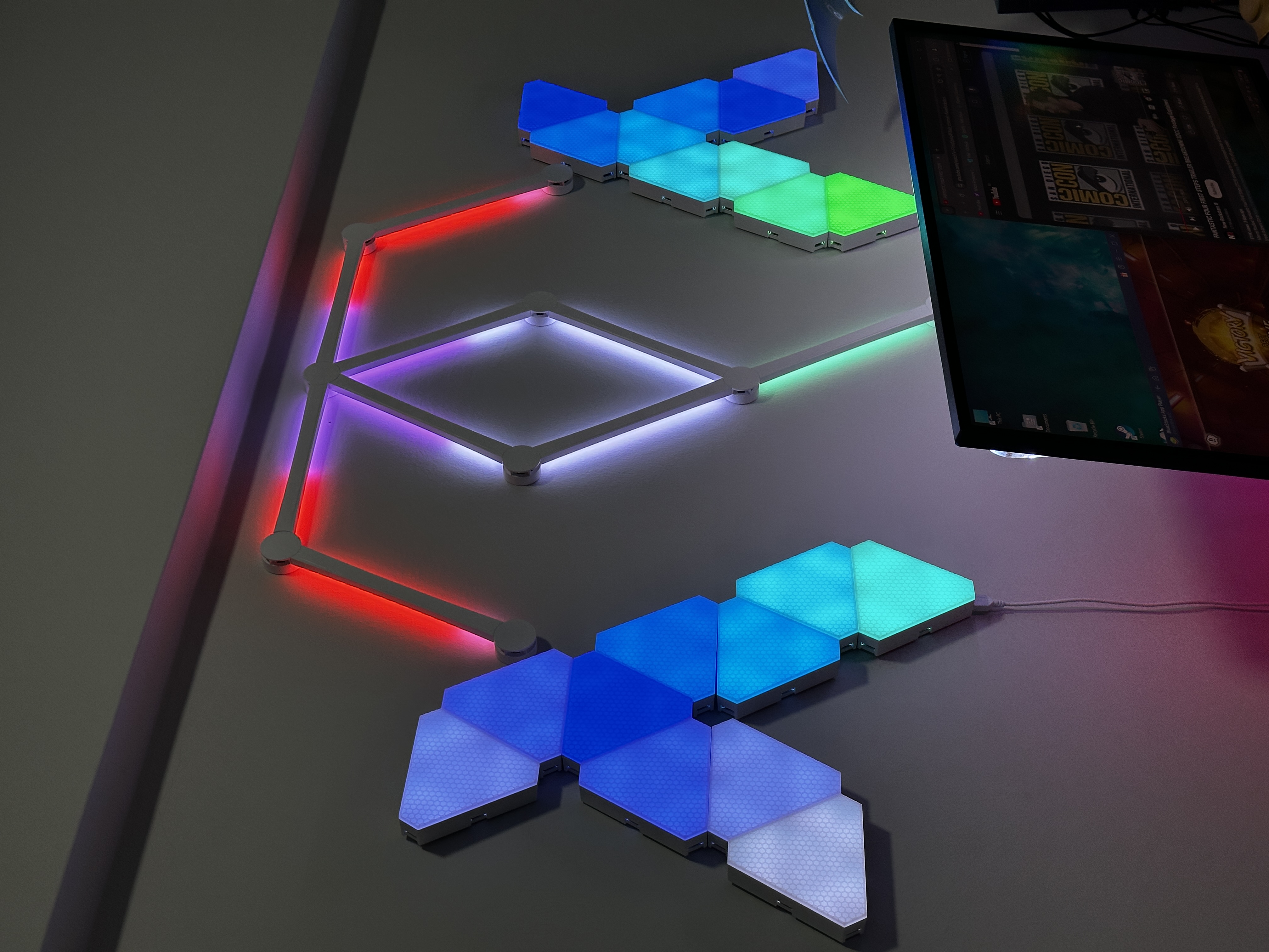 Our study room with a shoe collection and zero built-ins!  - 3D LED lighting, geometric shapes, vibrant colors, neon lights