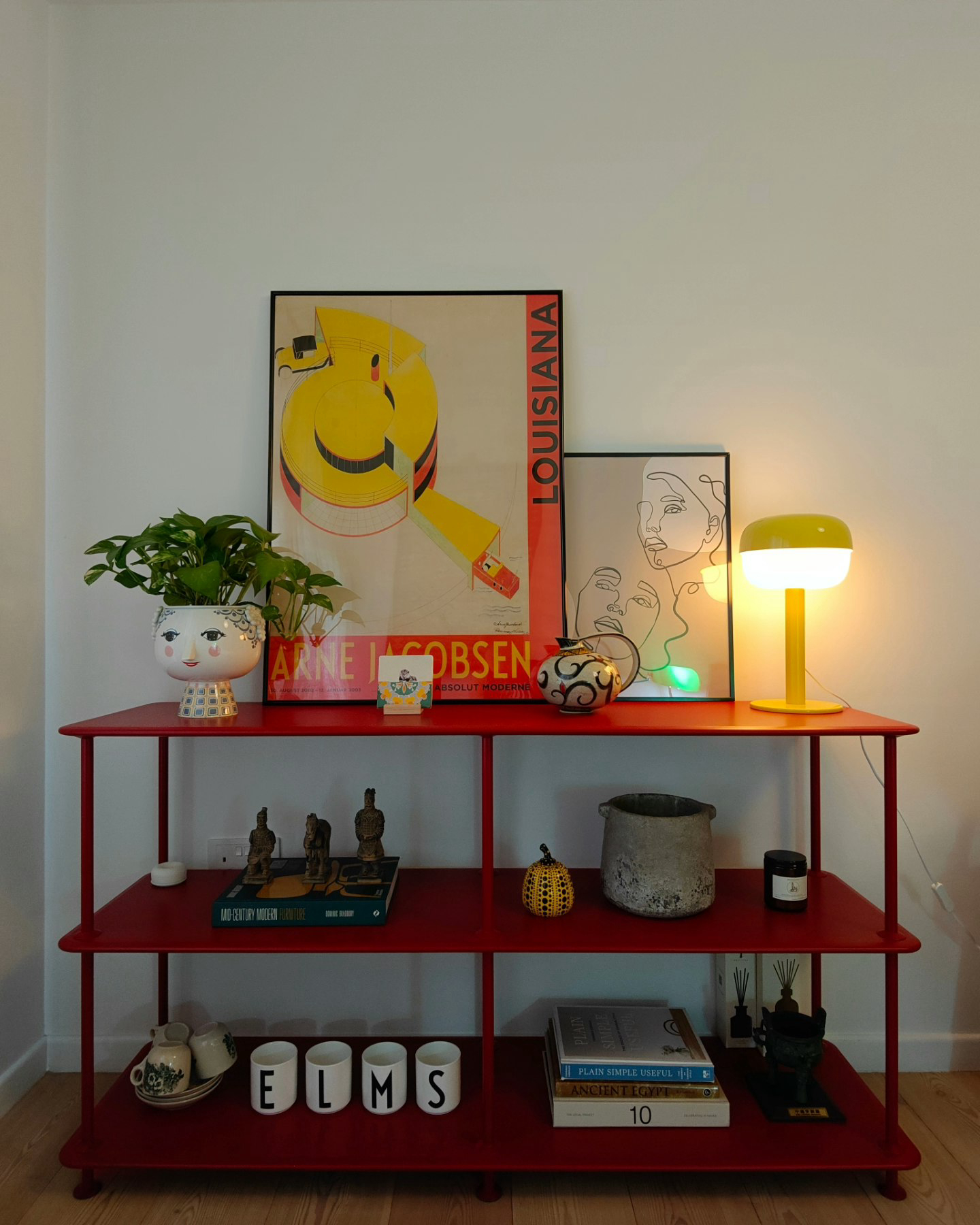 Change Is A Constant! - Red shelving unit, modern decor, vibrant colors, abstract art, minimalist design, eclectic mix