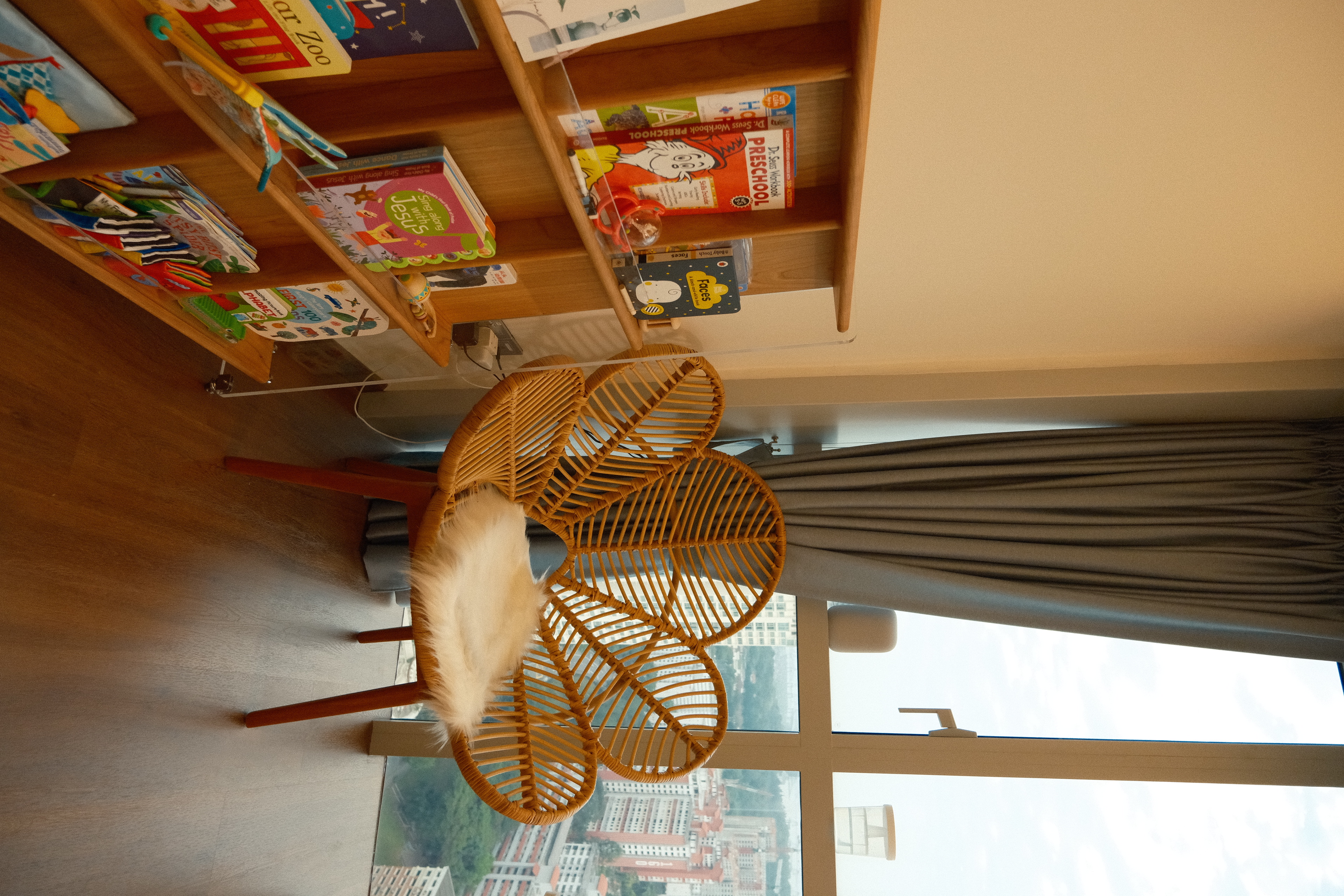 Study with a view! - Wooden bookshelf, colorful children's books, "Pretend Store" and "Dr. Seuss" books, "Zoo" book