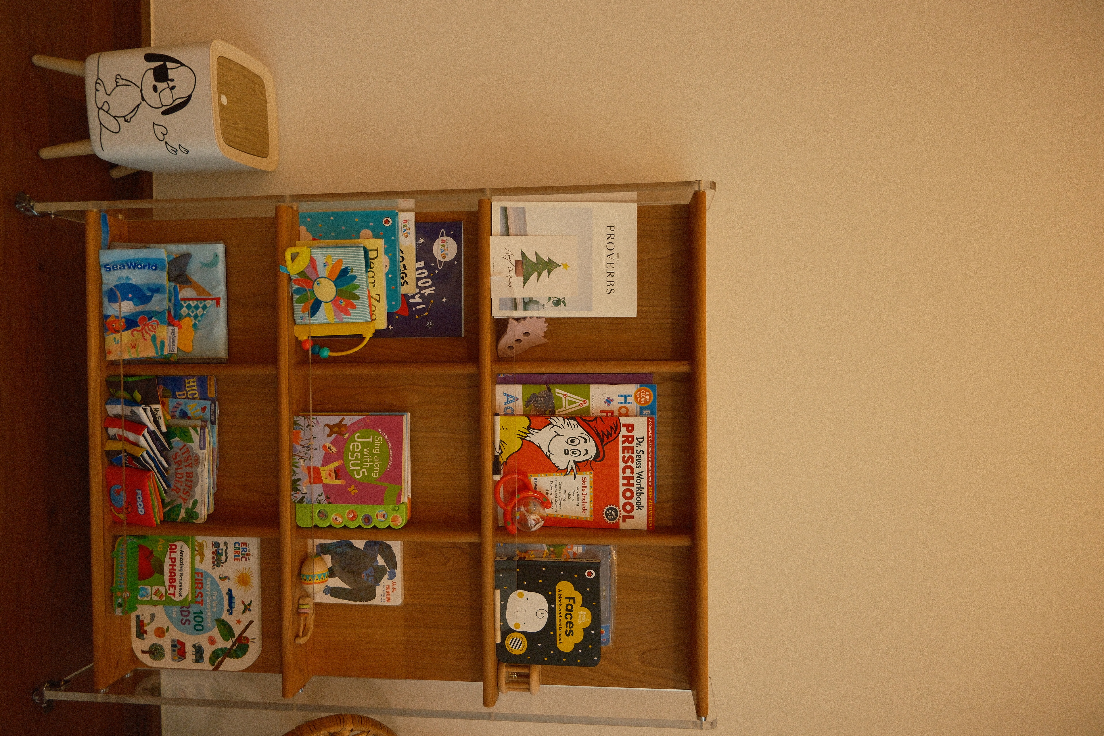 Study with a view! - Children's bookshelf, colorful books, alphabet learning books, Dr. Seuss books, Christmas-themed cards