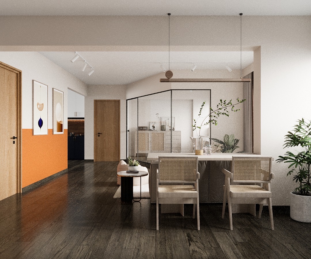 Render vs Reality: Our Living Room Reno Journey - Modern minimalist dining room, sleek wooden floor, large glass dining