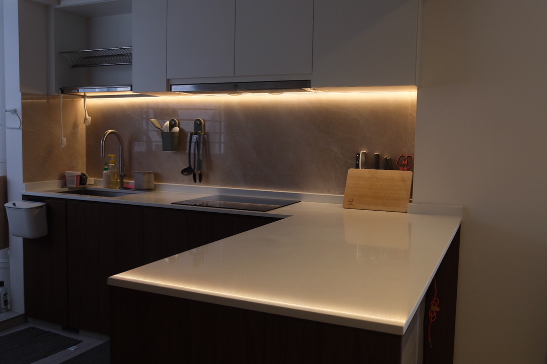 What we've learnt about hosting - Modern kitchen with sleek design, beige backsplash, under-cabinet lighting, stainless steel