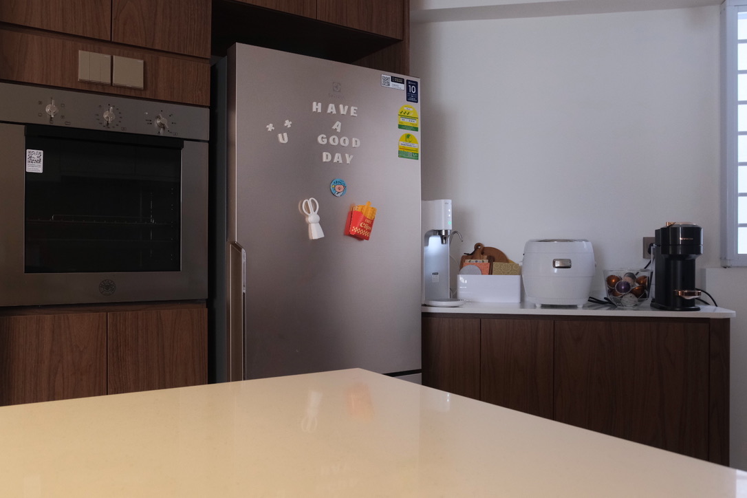 What we've learnt about hosting - Modern kitchen with stainless steel refrigerator and wooden cabinets, Meticulous