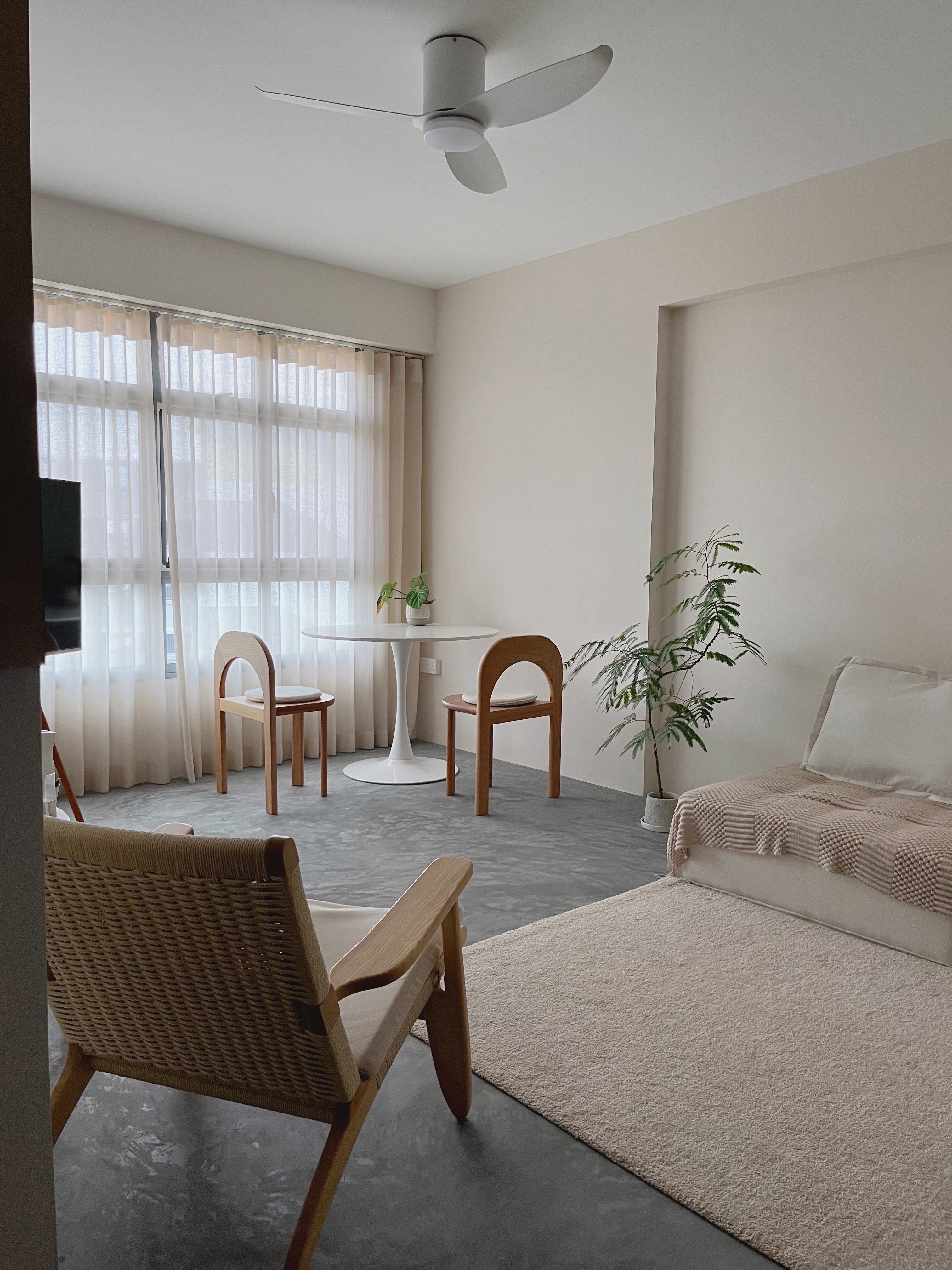 Most Asked About Things in Our Home! - Modern minimalist living room, neutral color palette, large window with sheer