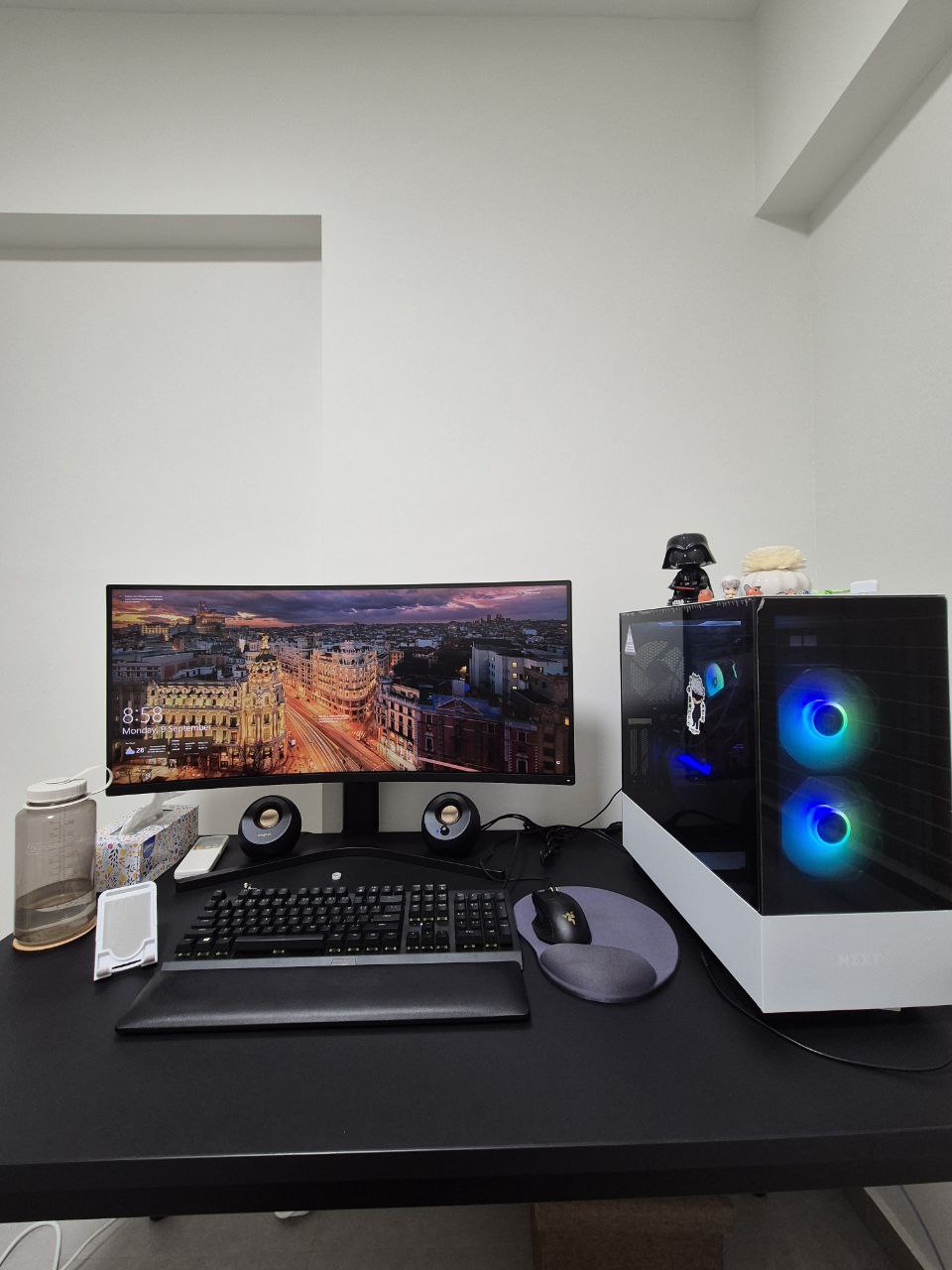 ManCave/Study Room: the room with zero carpentry - Modern workspace with sleek black desk, Dual monitor setup featuring