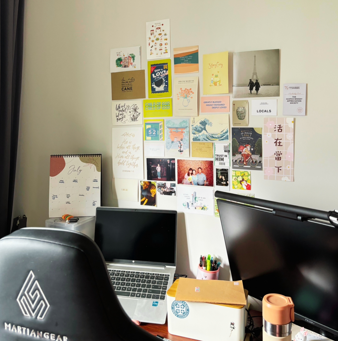 The Ultimate Home Office Experience for the Homebody - calendar, desk, laptop, black chair, stationery, stickers, artwork