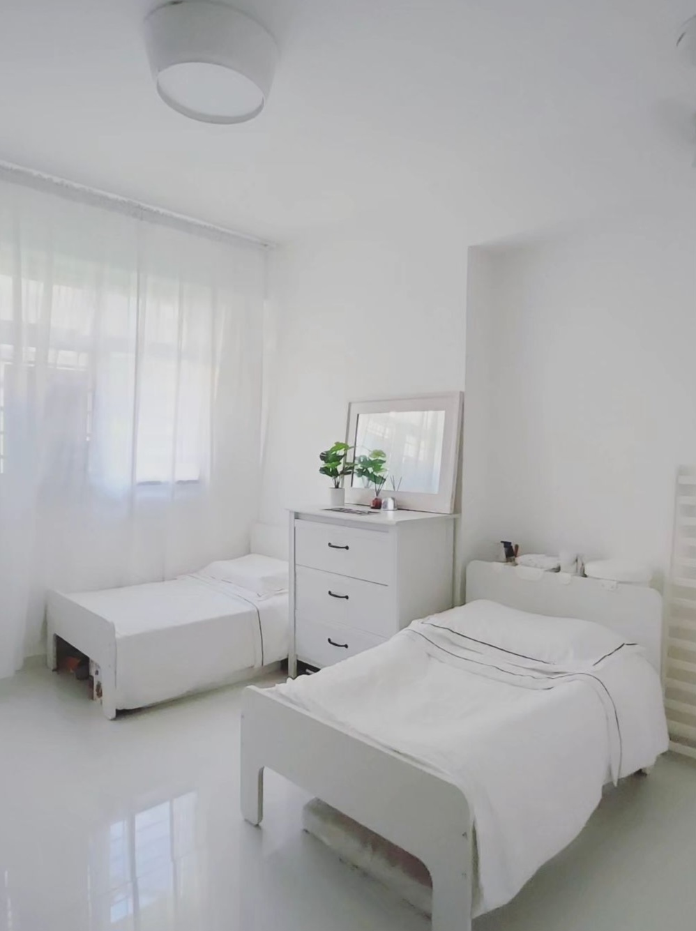 Upkeep & Maintenance by punggoHField - White room, minimalist design, bright lighting, large windows, sheer curtains, white