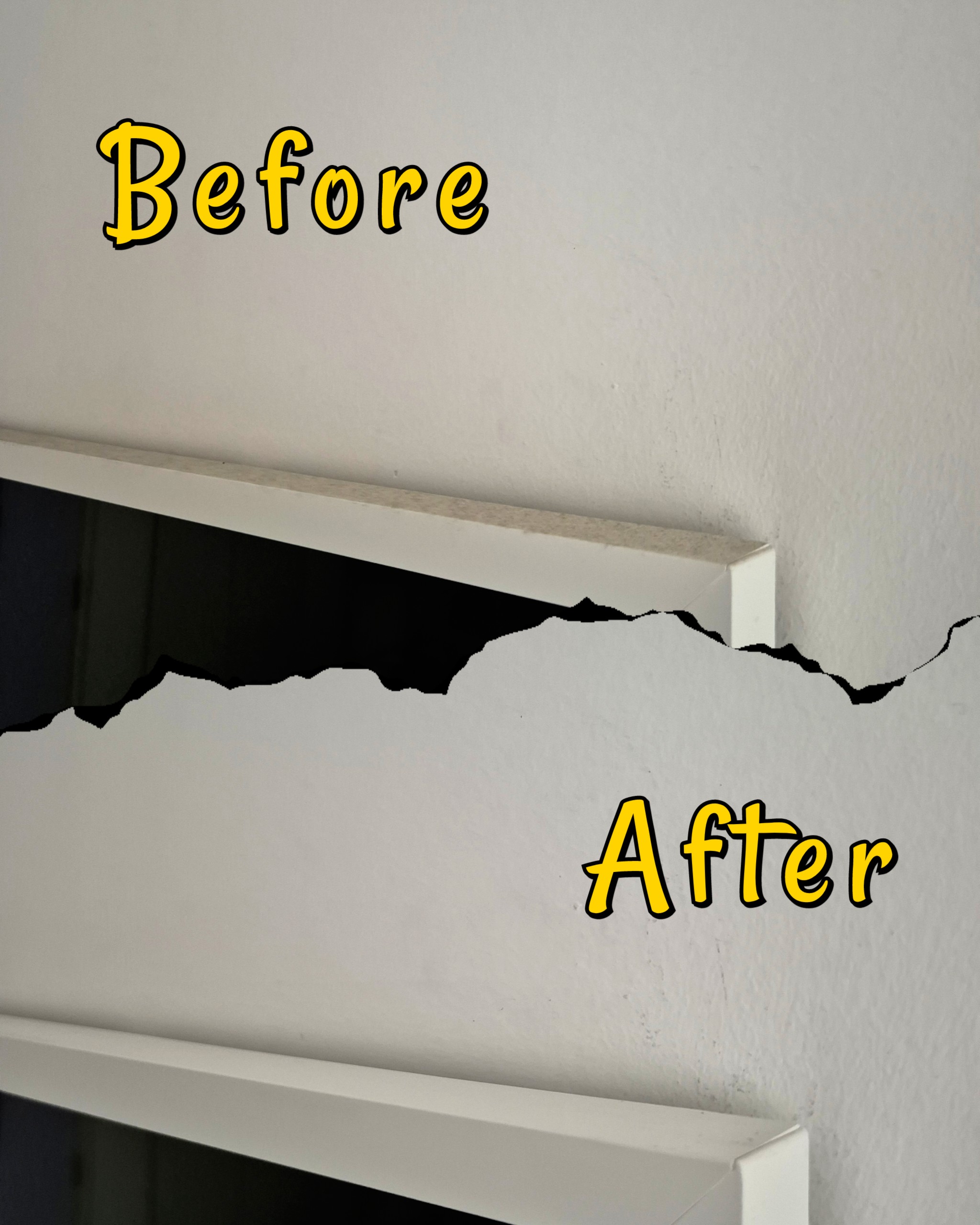 Upkeep & Maintenance by punggoHField - Crack on wall, "Before" and "After" text, yellow font, white background, wall texture