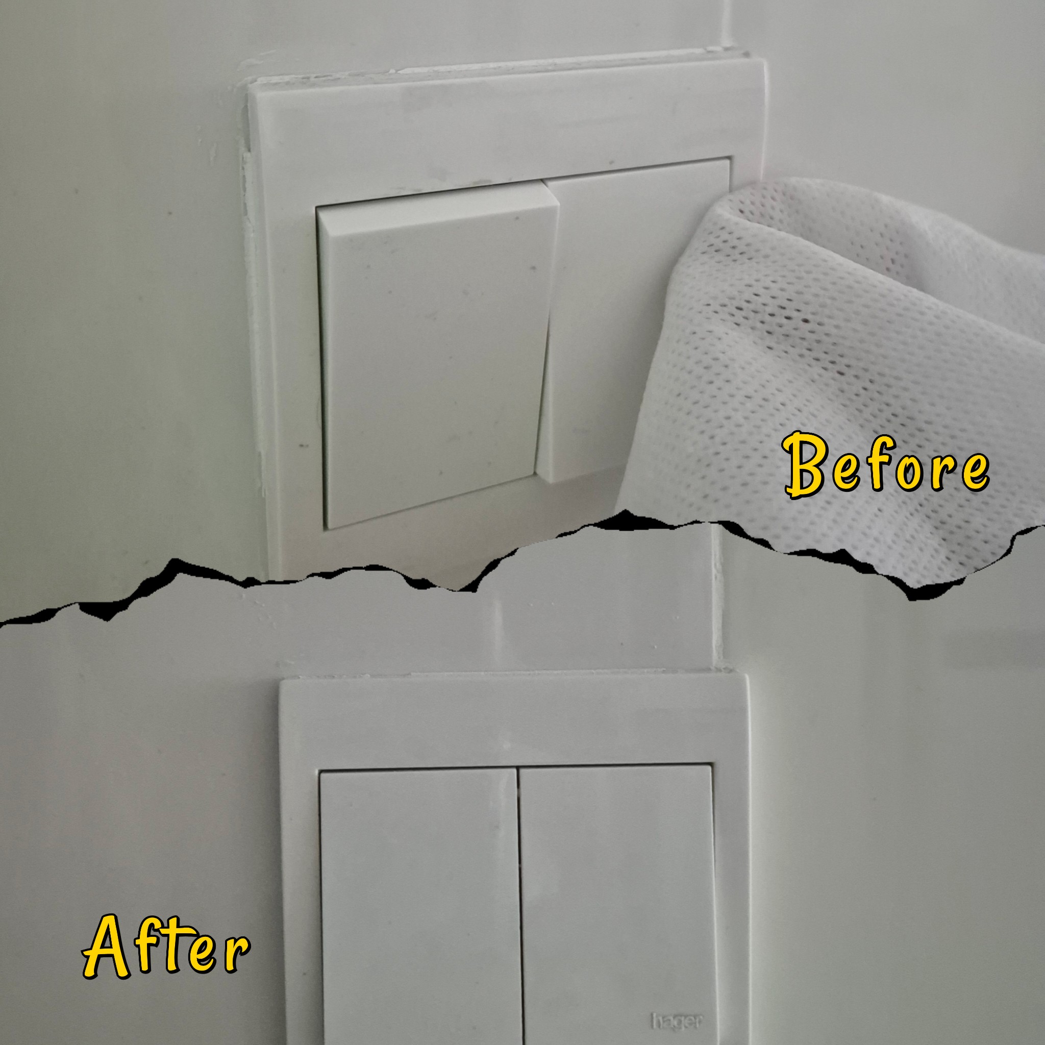 Upkeep & Maintenance by punggoHField - White wall, electrical outlet, white switch, crack, before and after comparison, wall