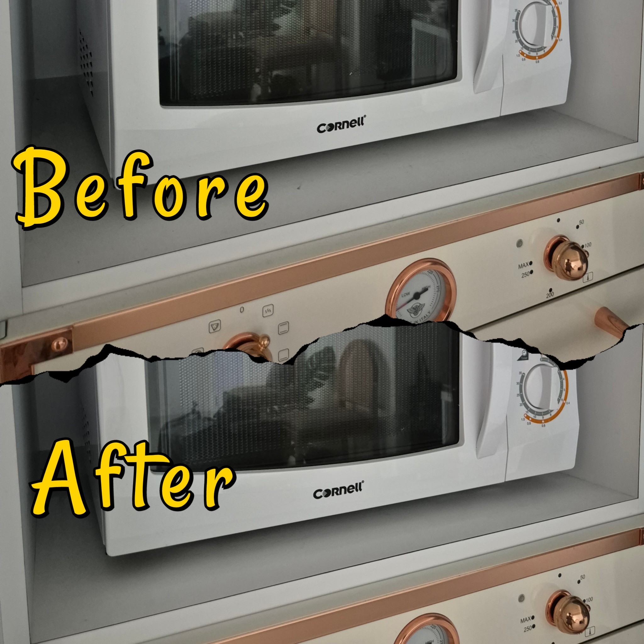 Upkeep & Maintenance by punggoHField - White microwave with "Cornell" logo, cracked display, "Before" and "After" text