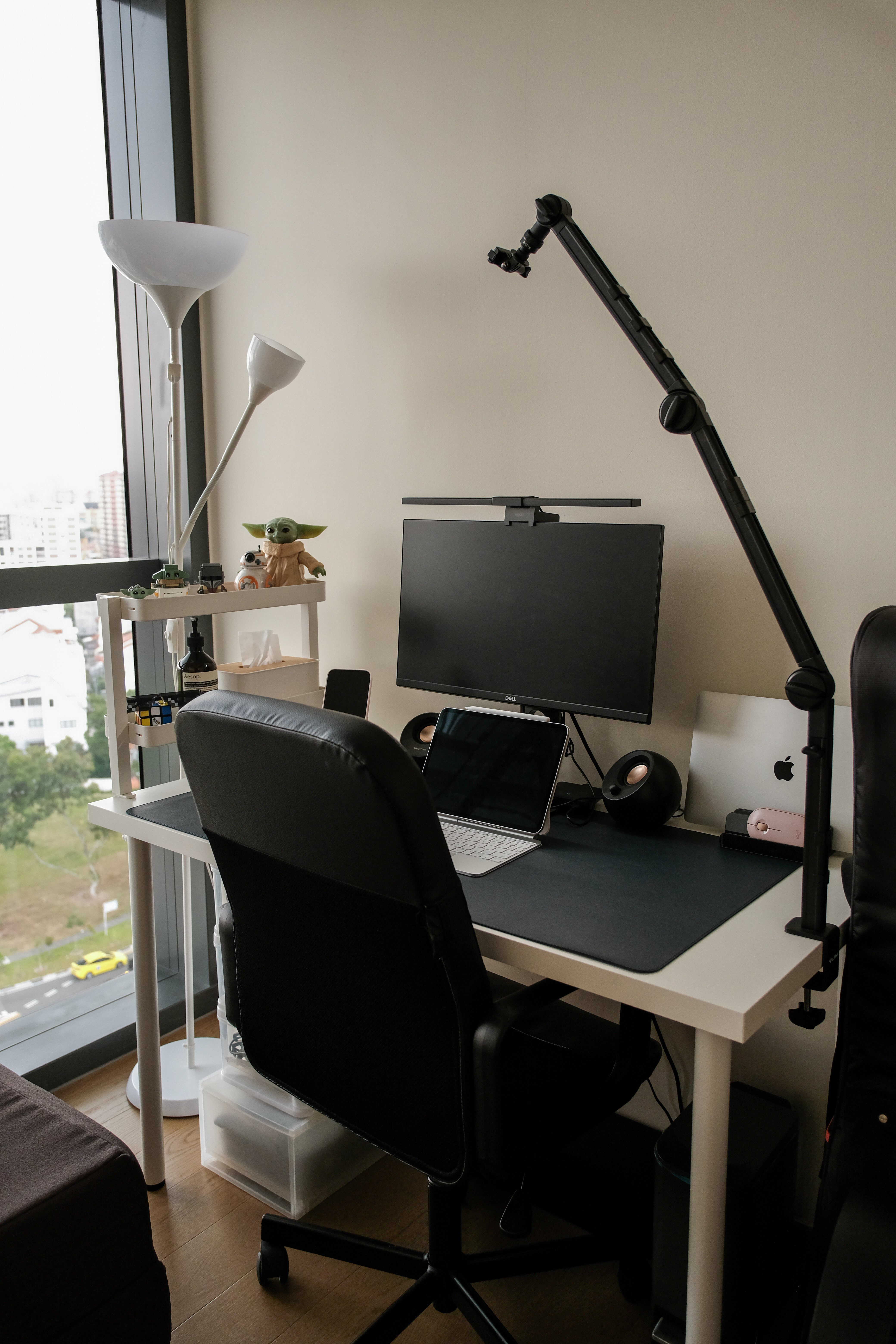 Our versatile guest room/study room! ✨ - Modern workspace, black office chair, desk with monitor, laptop, keyboard, mouse