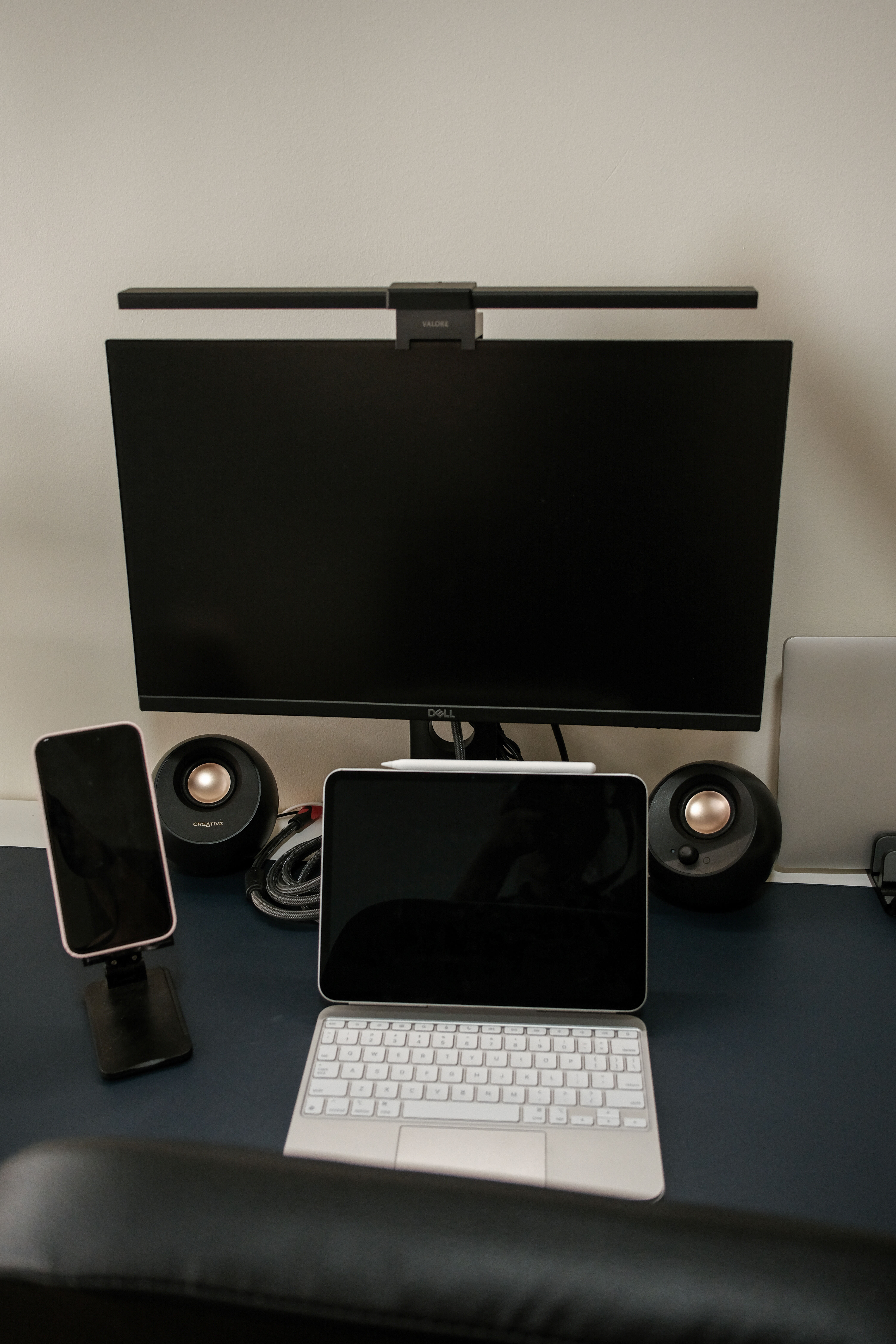 Our versatile guest room/study room! ✨ - Black computer monitor, sleek black desk, modern workspace, dual monitors setup