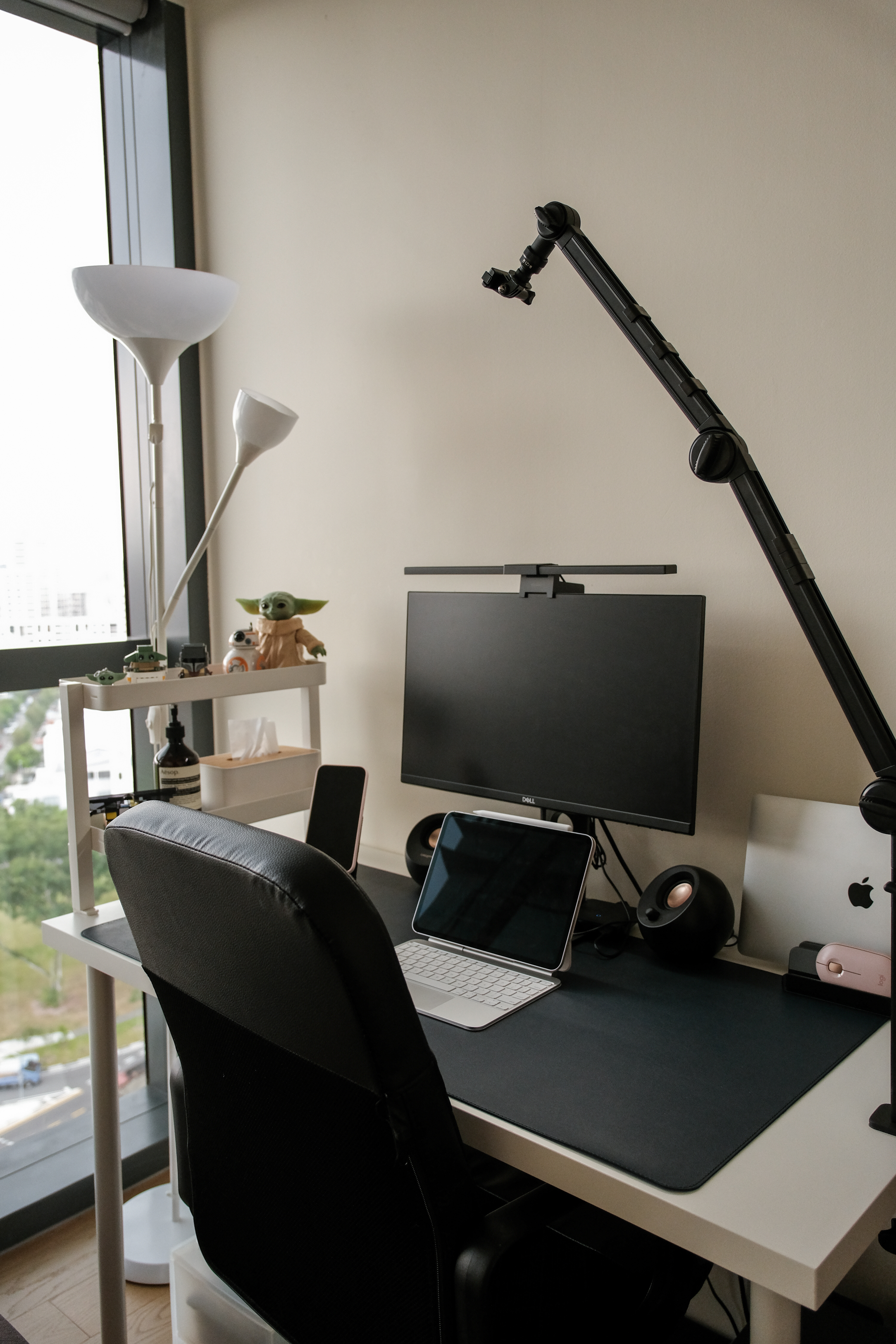 Our versatile guest room/study room! ✨ - Modern workspace, minimalist decor, black office chair, sleek desk, large window