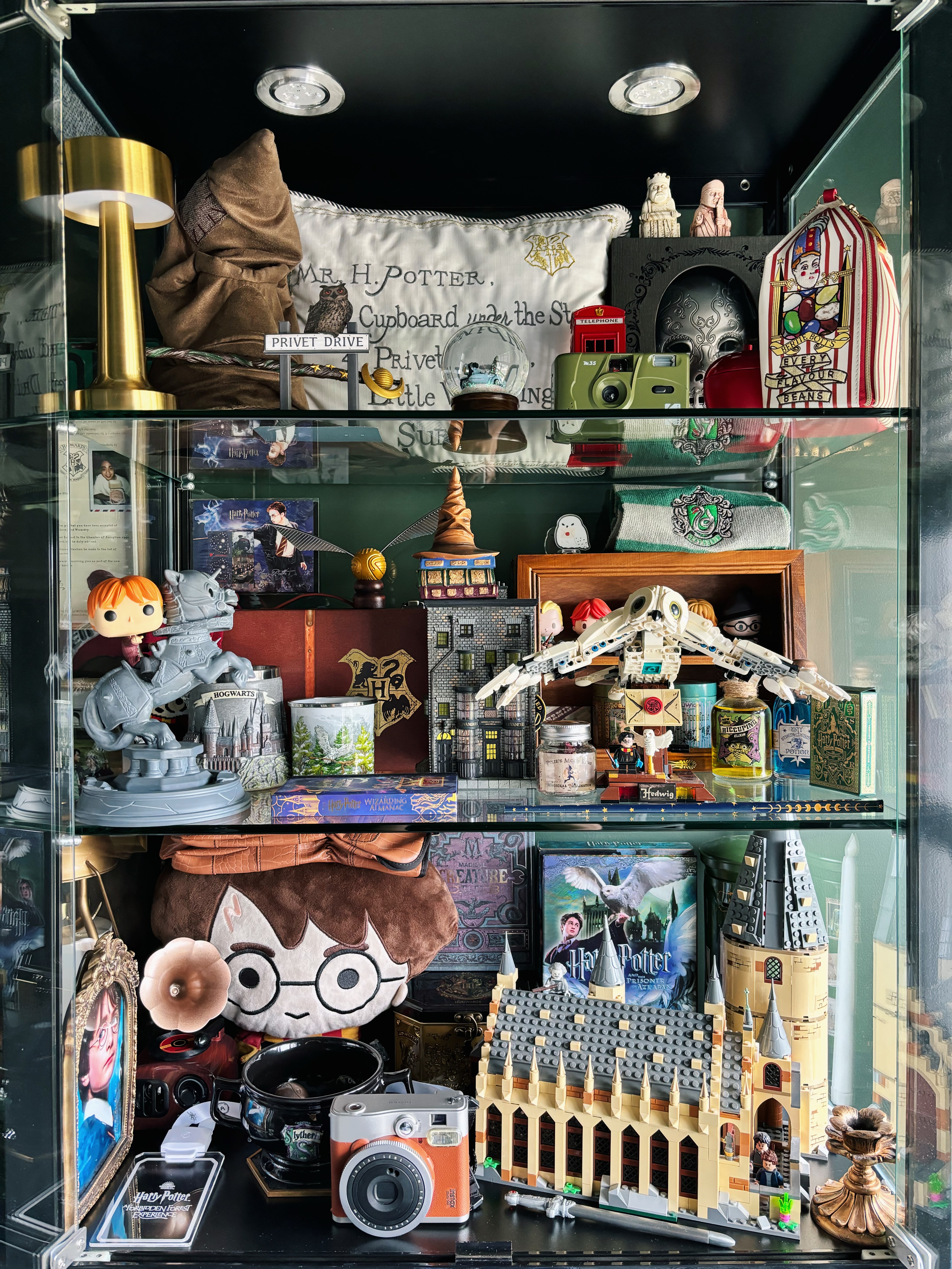 Muggle Tasks, Magical Vibes: Our Home Workspace - Golden lamp, plush owl, Harry Potter sign, "Cuboard with the Stubbies"