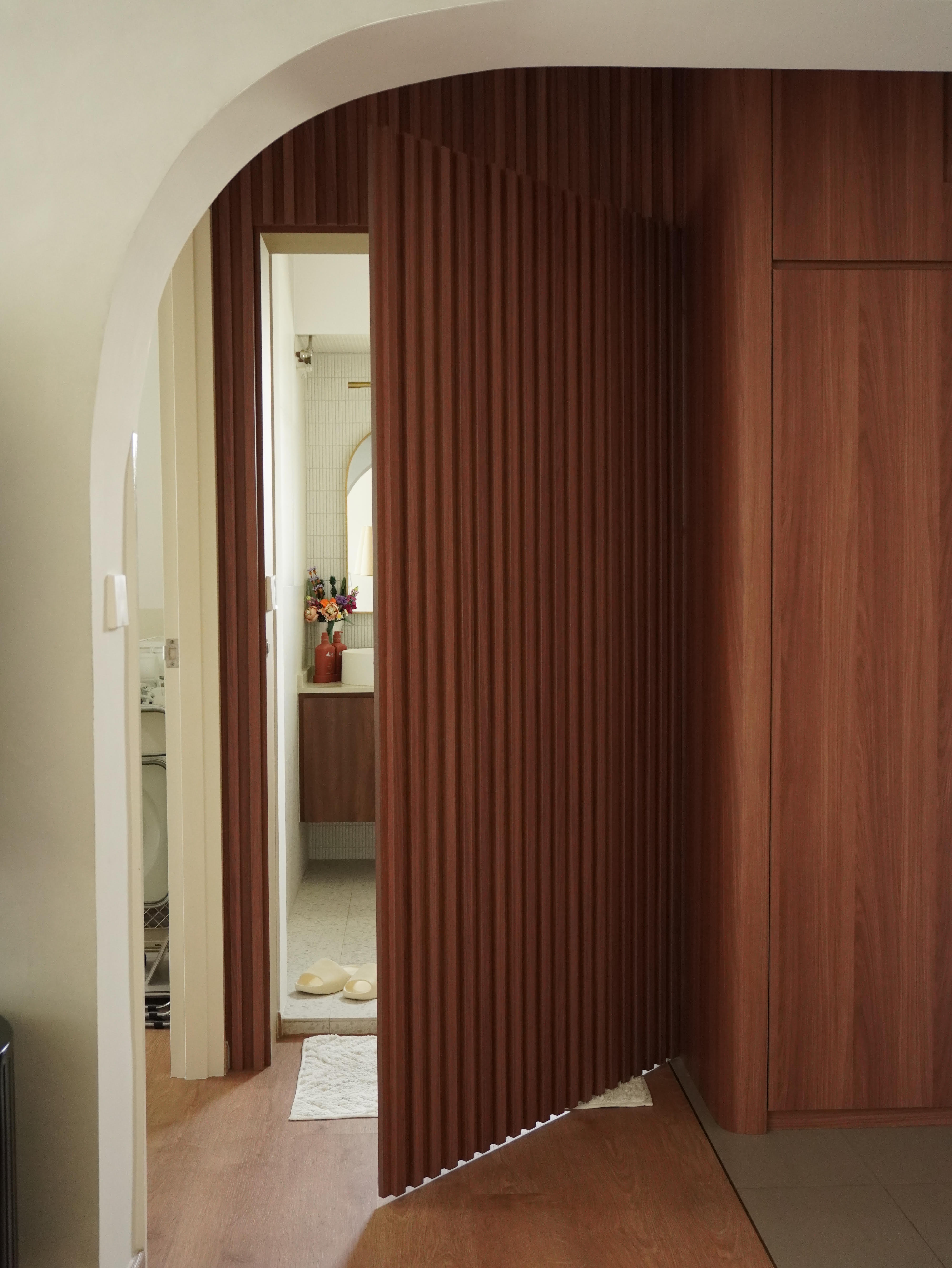 Simple solutions to hide the mess!  - Wooden archway, bathroom interior, wooden paneling, wooden door, wooden floor, wooden
