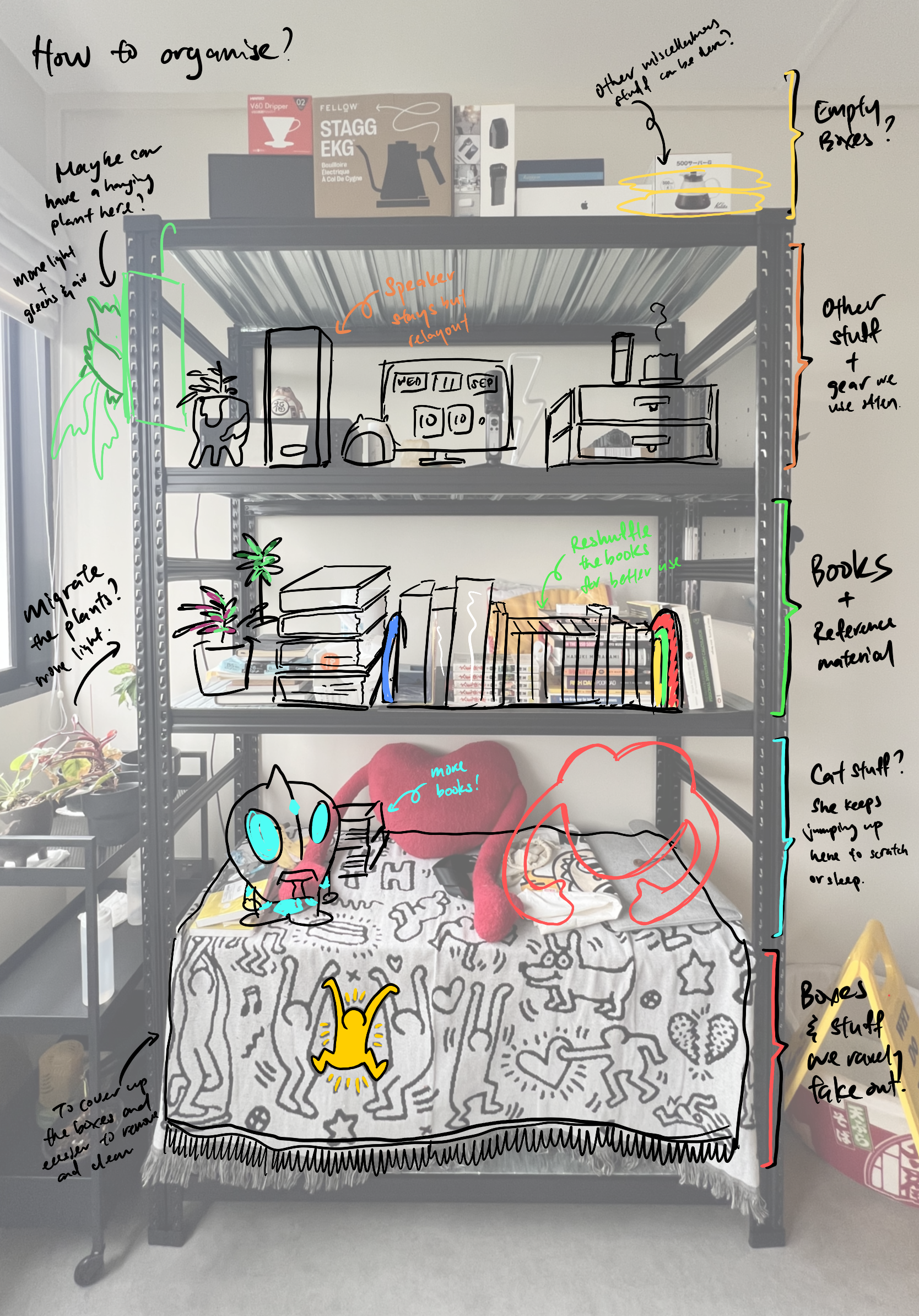 Organising a functional and aesthetic shelf for 2 monkeys 🙉🙊 - Organize shelves, rearrange plants, move books, create a