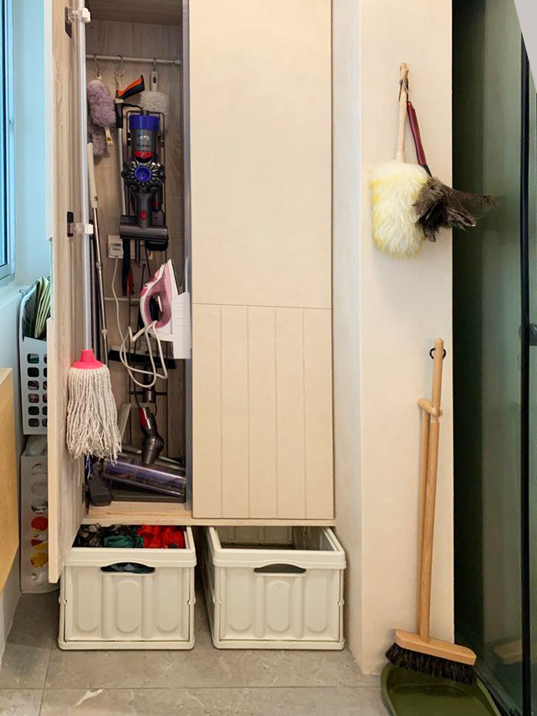 Weekend Realities: Housework and Tuition Edition - Dust-free closet with vacuum cleaner, mop, and broom, organized storage