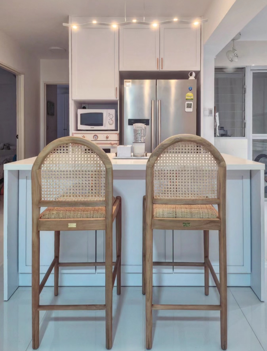 Renders Vs Reality by punggoHField - Wooden bar stools, modern kitchen, minimalist design, white cabinets, stainless steel