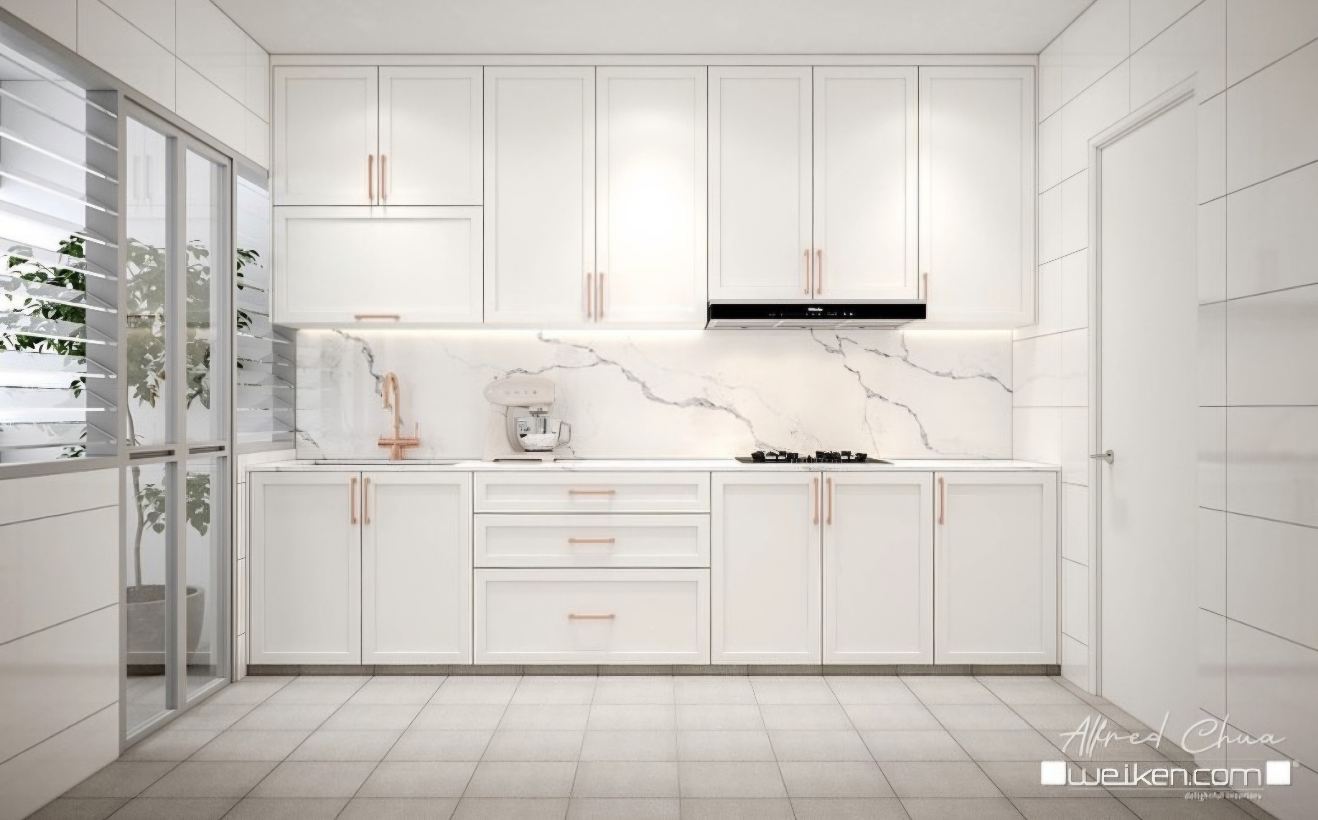 Renders Vs Reality by punggoHField - White kitchen cabinetry, marble backsplash, copper handles, modern appliances, glass
