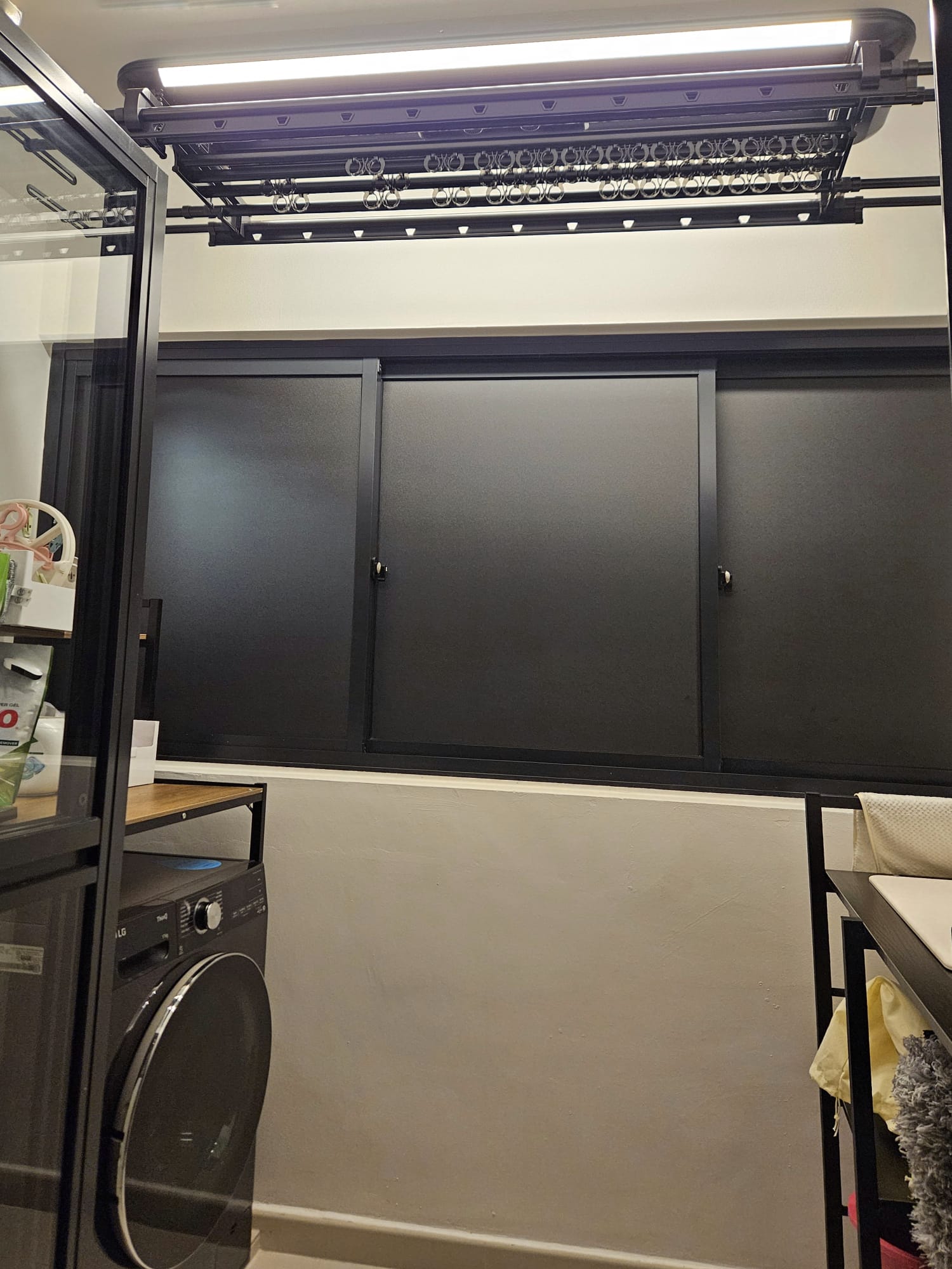 Minimalist Service Yard with Zero Built-in - Washing machine, black cabinets, laundry room, black shelves, glass cabinet