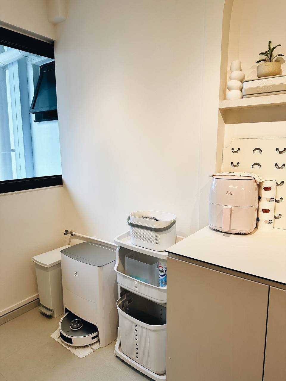 Our Service Yard: Laundry cabinet goals!  - Mini fridge, white appliance, laundry basket, dish rack, white countertop