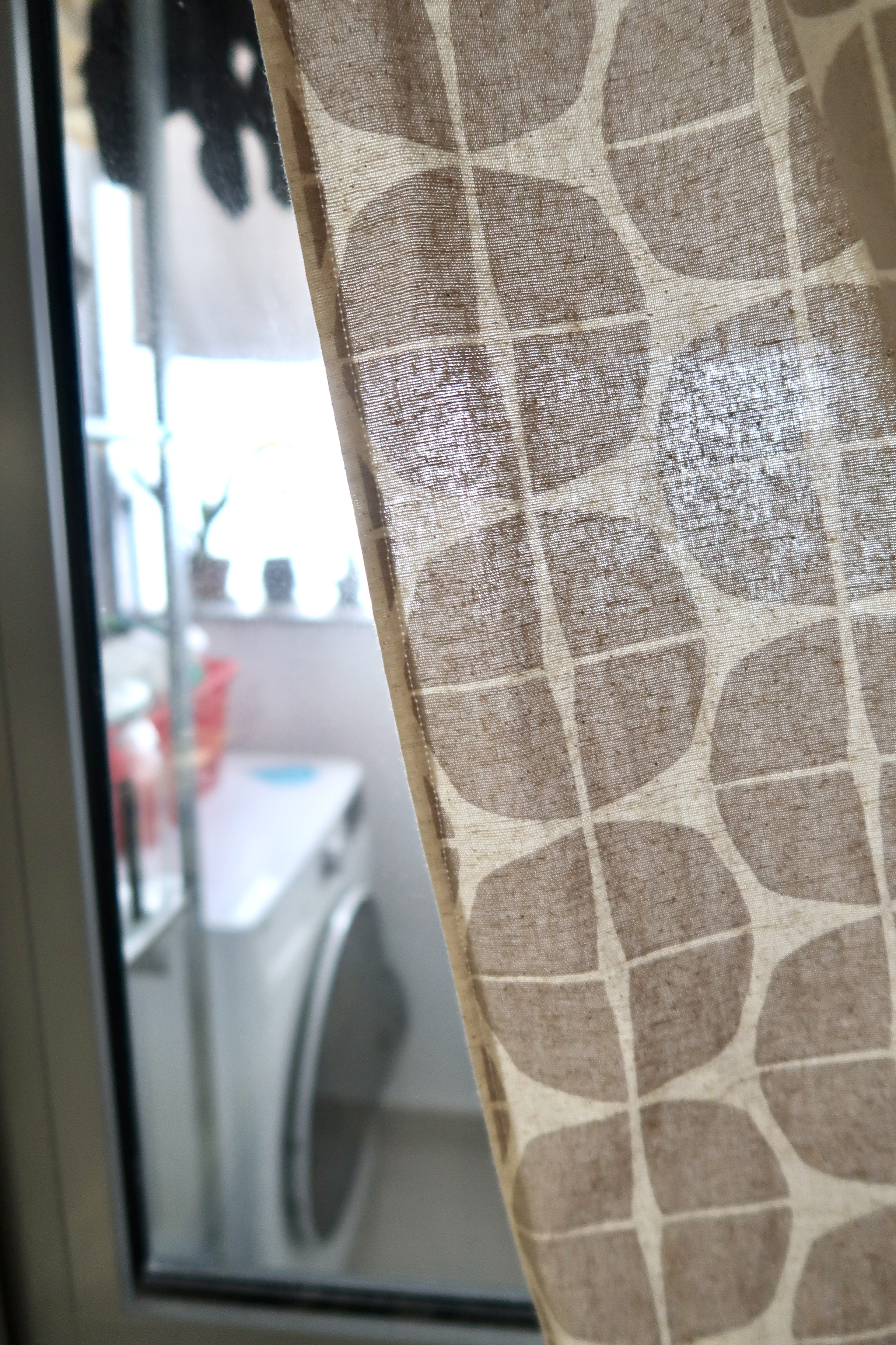 Multi-Use Service Yard with a Fermentation Nook  - Giraffe-patterned curtain, window frame, indoor view, laundry room, white