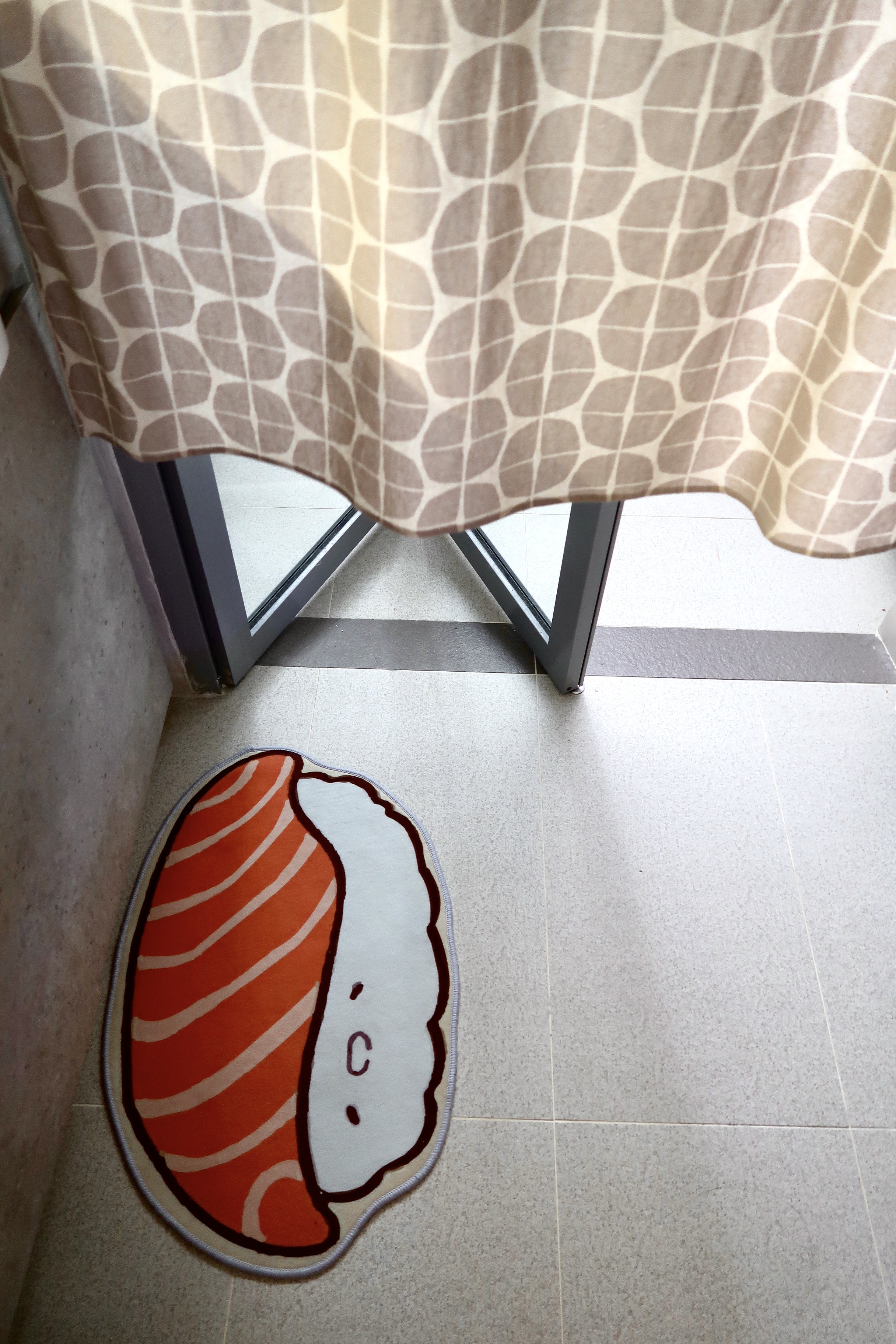 Multi-Use Service Yard with a Fermentation Nook  - Patterned curtain, floor mat, cartoon design, orange and white stripes