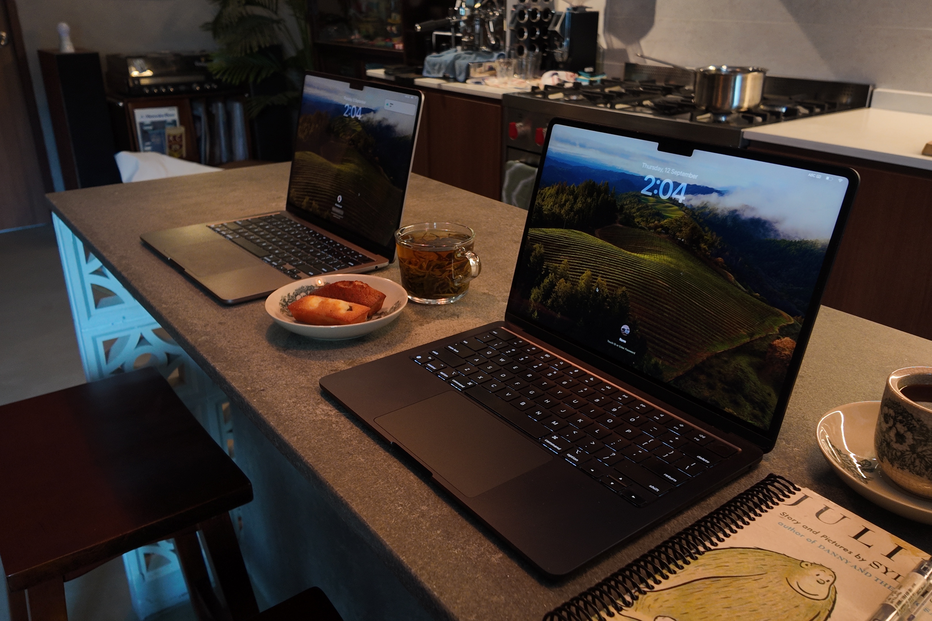 Work, Werk, Werk, Werk, Werk - laptop, tablet, kitchen, countertop, breakfast, coffee, tea, scenic wallpaper, digital