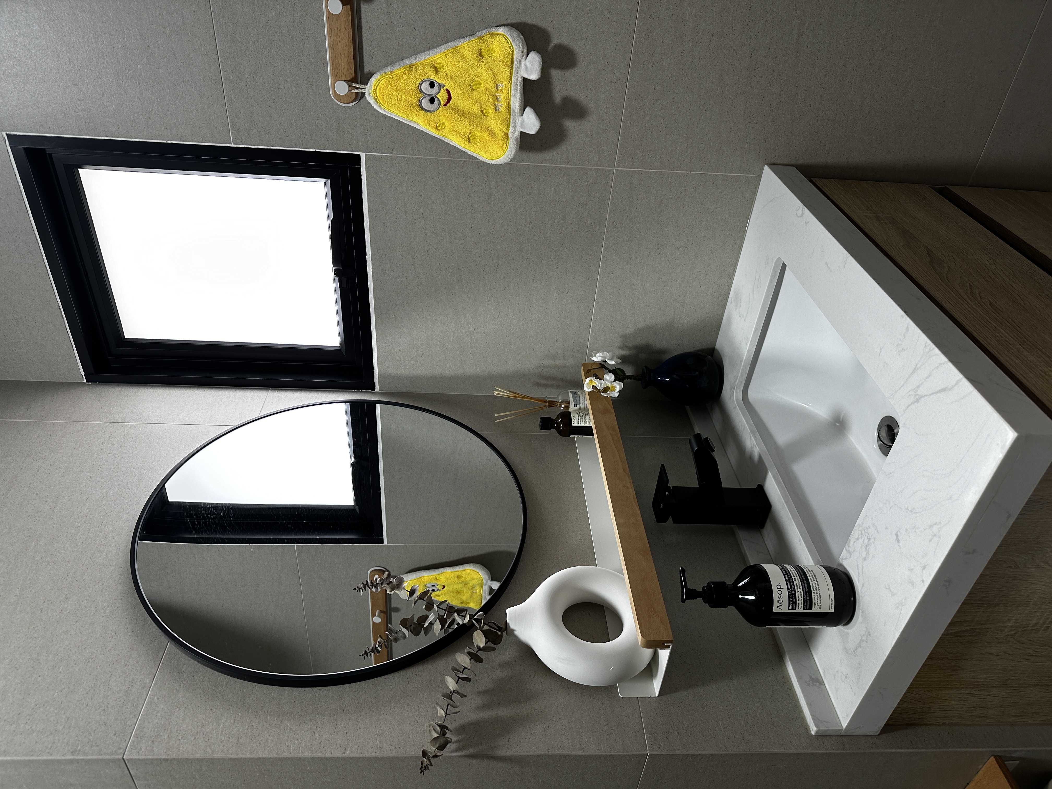 Our Bathroom: How we remodeled our bathroom with no carpentry!  - modern bathroom vanity, minimalist design, floating shelf