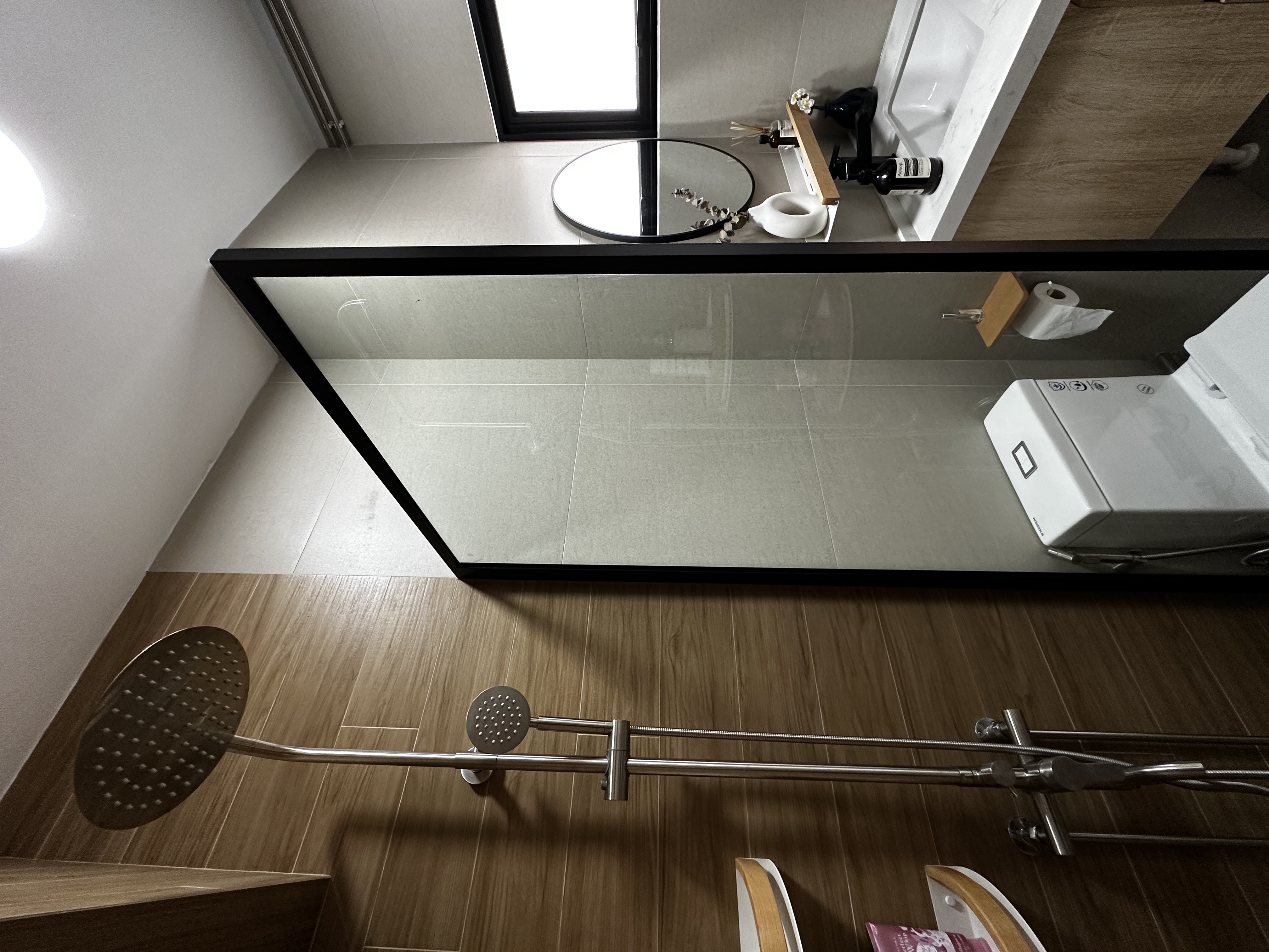 Our Bathroom: How we remodeled our bathroom with no carpentry!  - glass shower enclosure, modern bathroom, sleek design