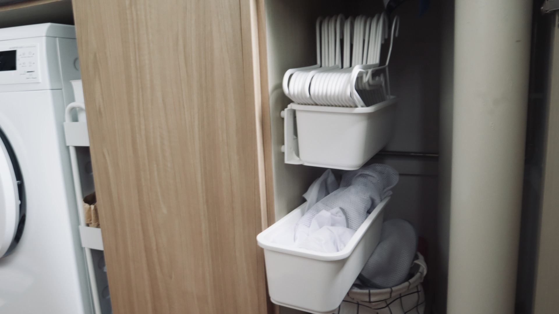 shared space within the kitchen for laundry works-simple and nifty! - Washing machine, dryer, wooden cabinet, white plastic