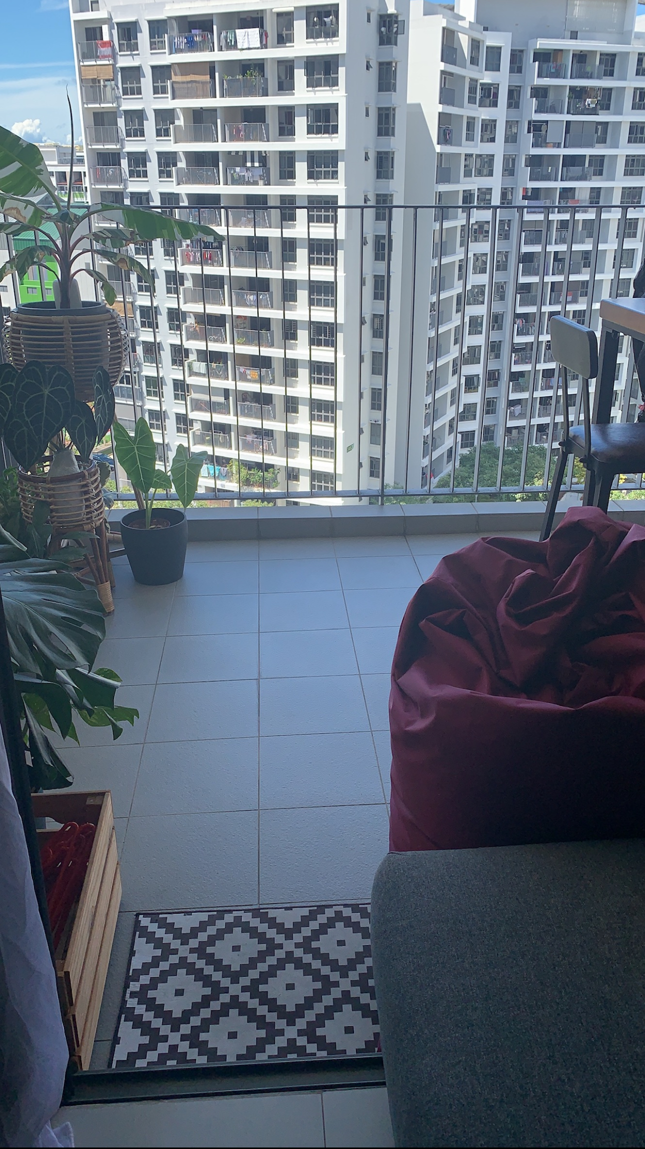 Our 10sqm Balcony: Outdoor Oasis That Makes Our DBSS Look Like A Condo - Tall apartment building, balcony, potted plants, red